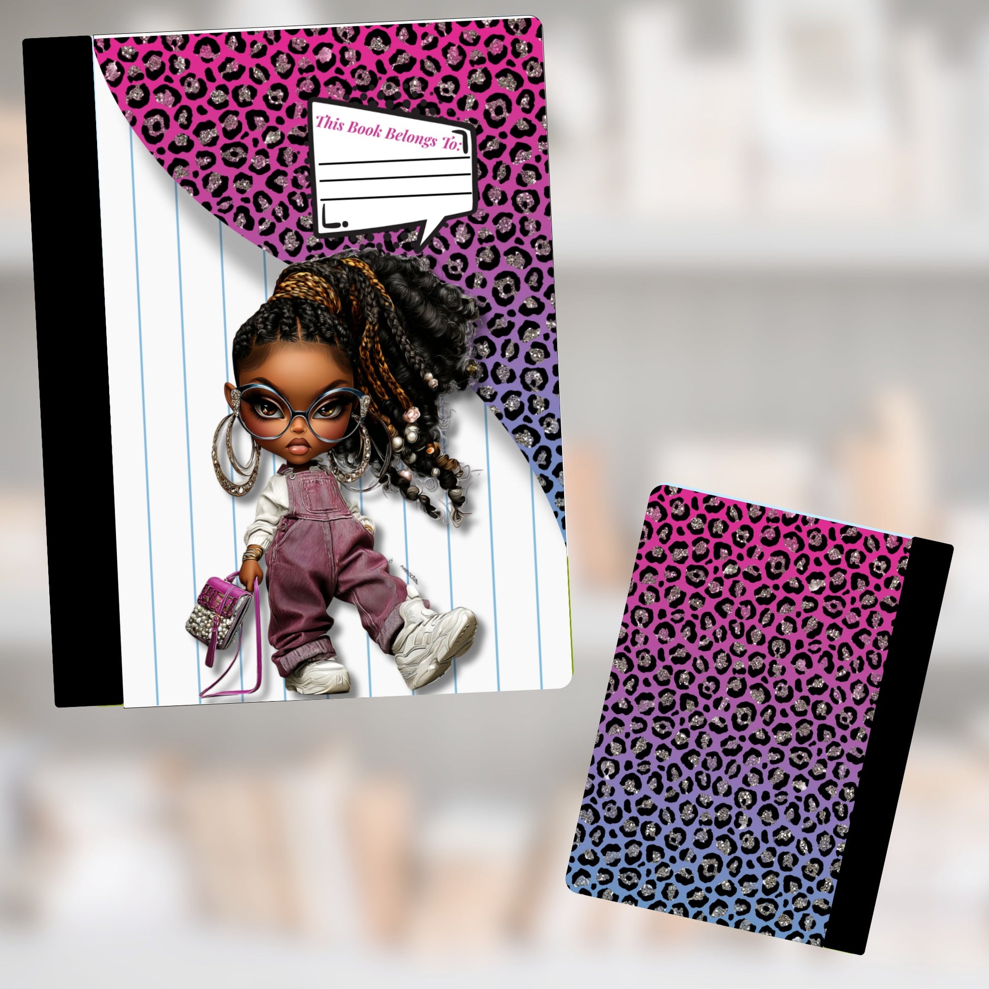 Notebook with illustrated girl and pink, purple, blue leopard print design.
