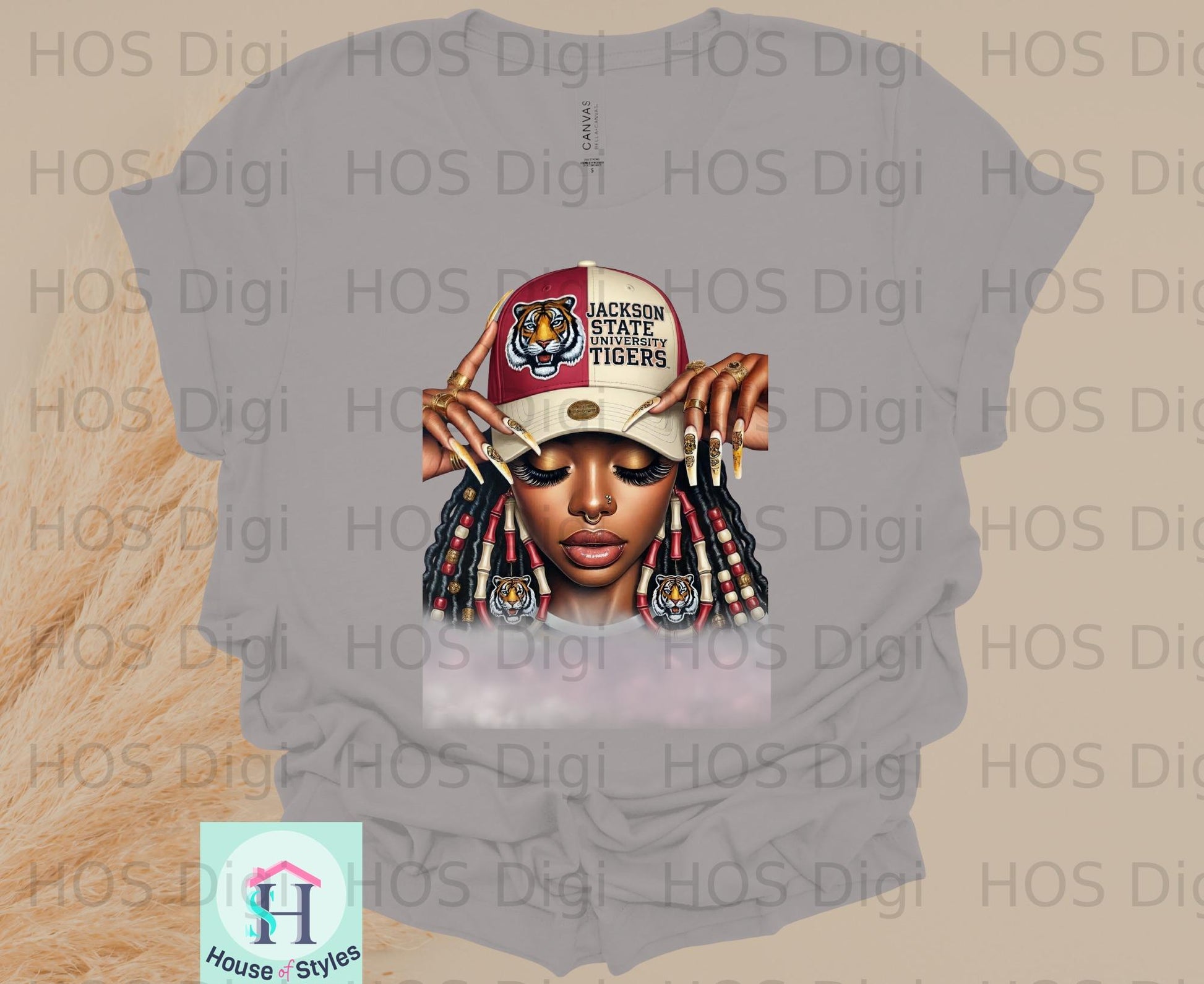 Jackson State Tigers logo with woman in baseball cap and hoop earrings.