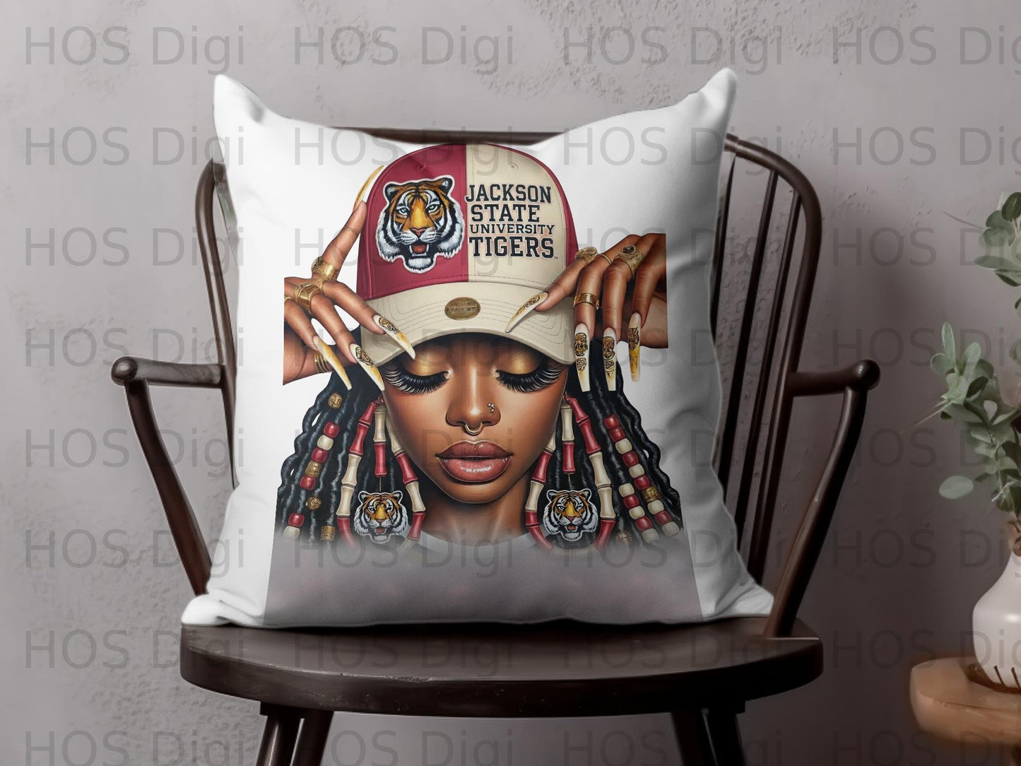 Woman wearing Jackson State Tigers baseball cap, long braids, and gold jewelry.