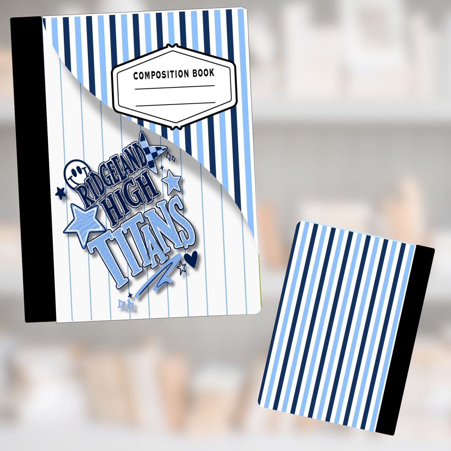 Composition book with "Ridgeland High Titans" logo and blue and white stripes.