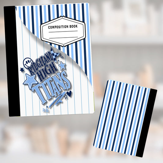 Composition book with "Ridgeland High Titans" logo and blue and white stripes.