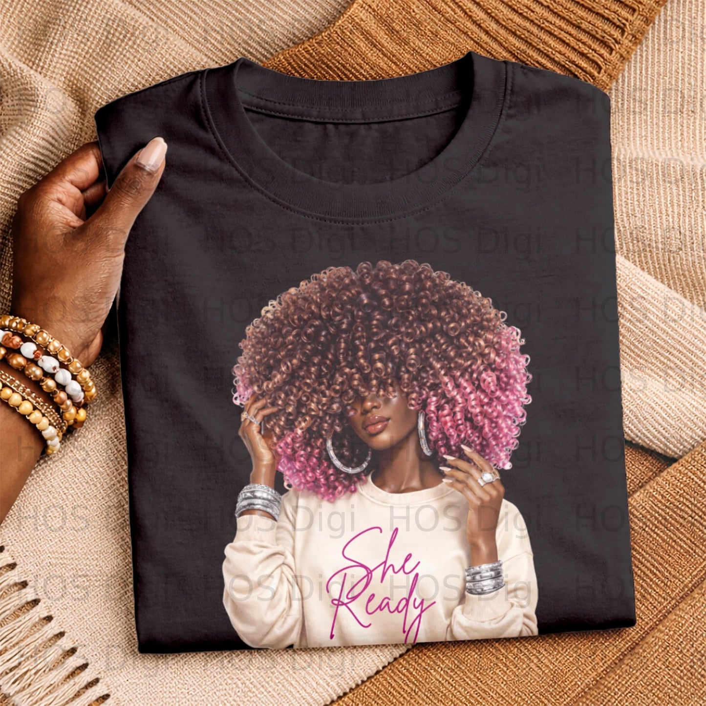 Black t-shirt featuring a woman with voluminous pink-tipped afro and the text "She Ready".