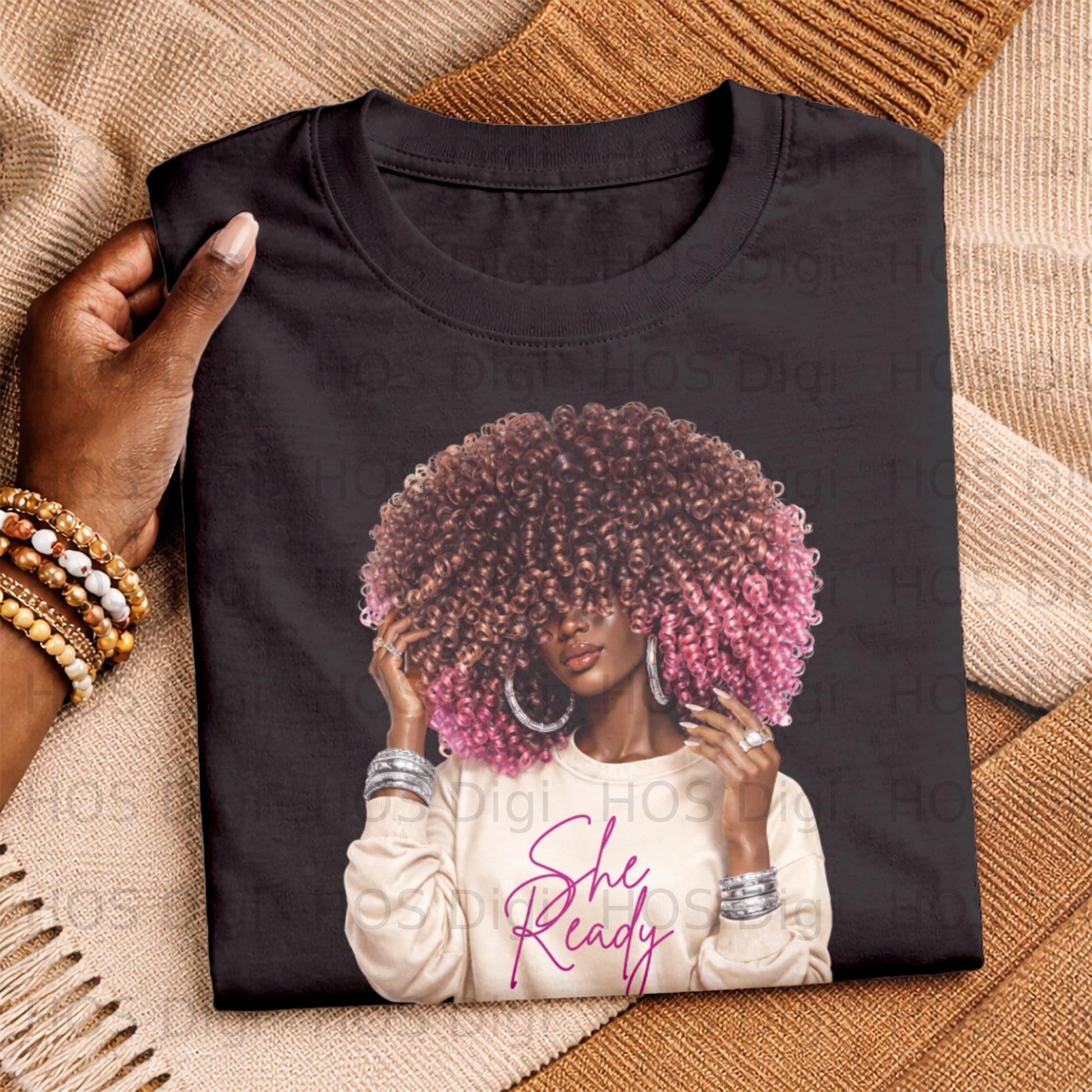 Black t-shirt featuring a woman with voluminous pink-tipped afro and the text "She Ready".