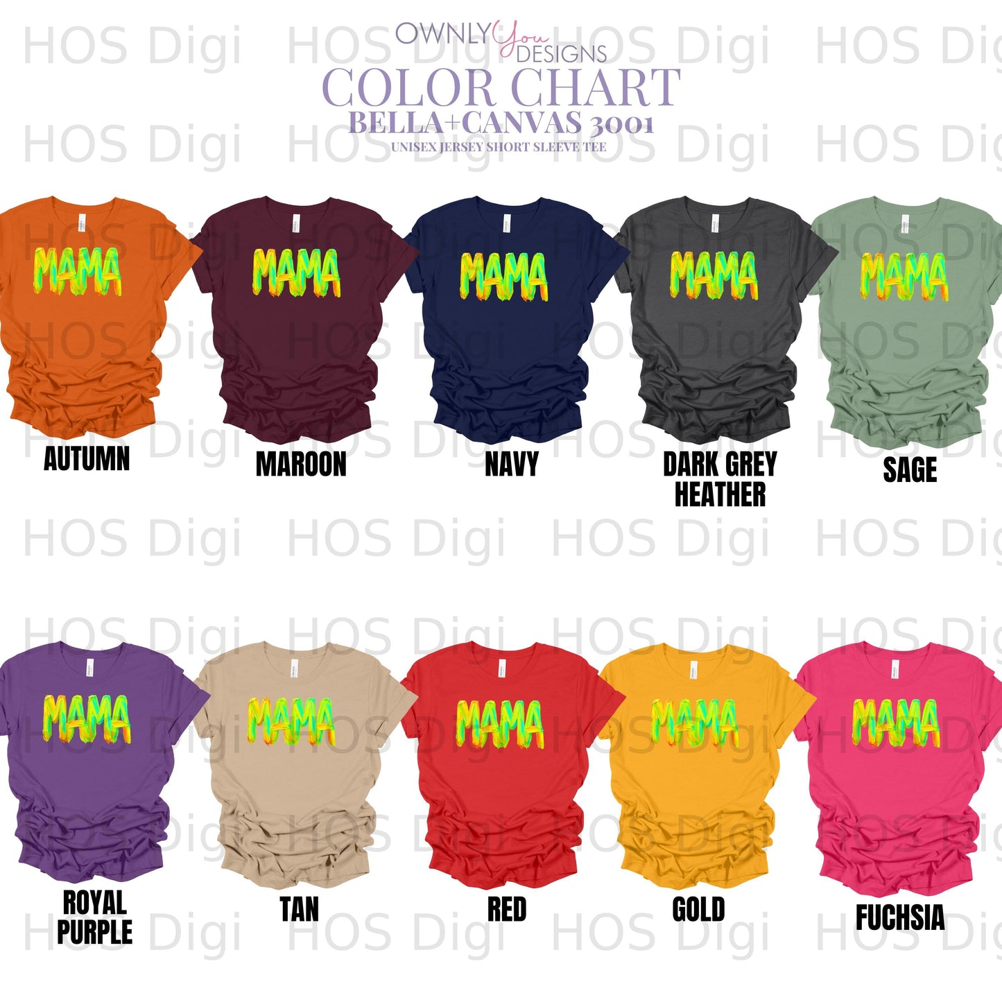 Color chart showing various Bella+Canvas 3001 t-shirt colors for "MAMA" design.