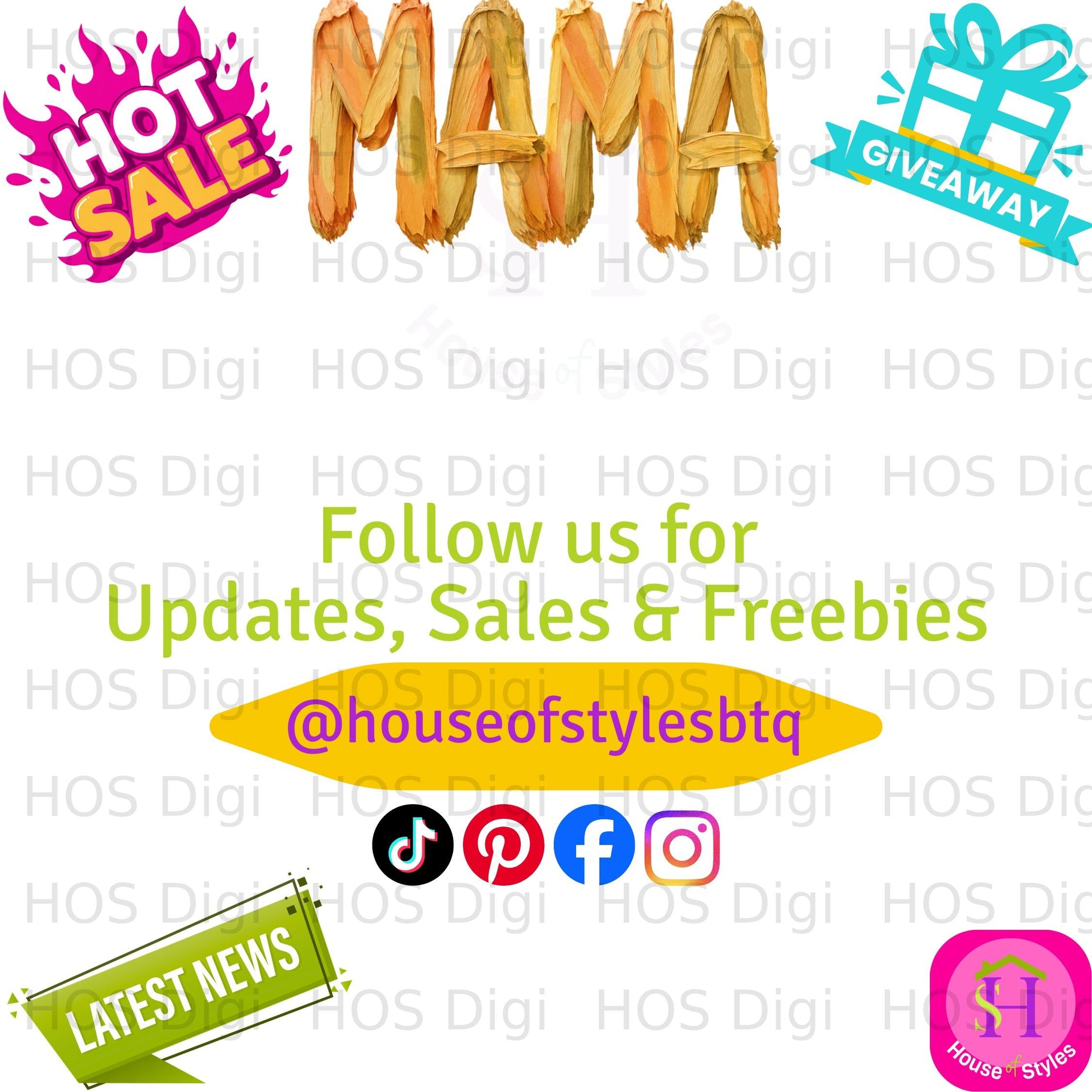 Mama with "Hot Sale" and "Giveaway" banners, social media icons, and "Latest News".