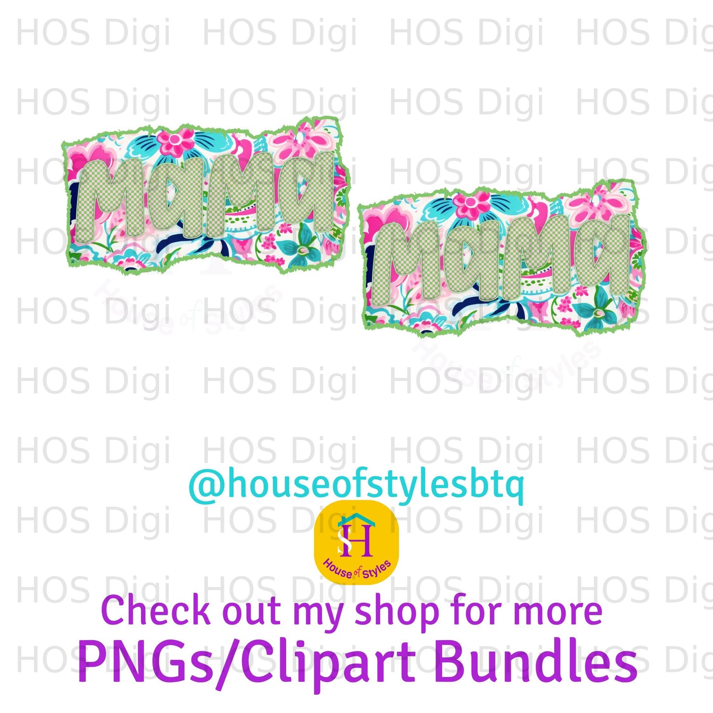"Mama" graphic with flowers and cake slices, black text overlay "PNGs/Clipart Bundles".