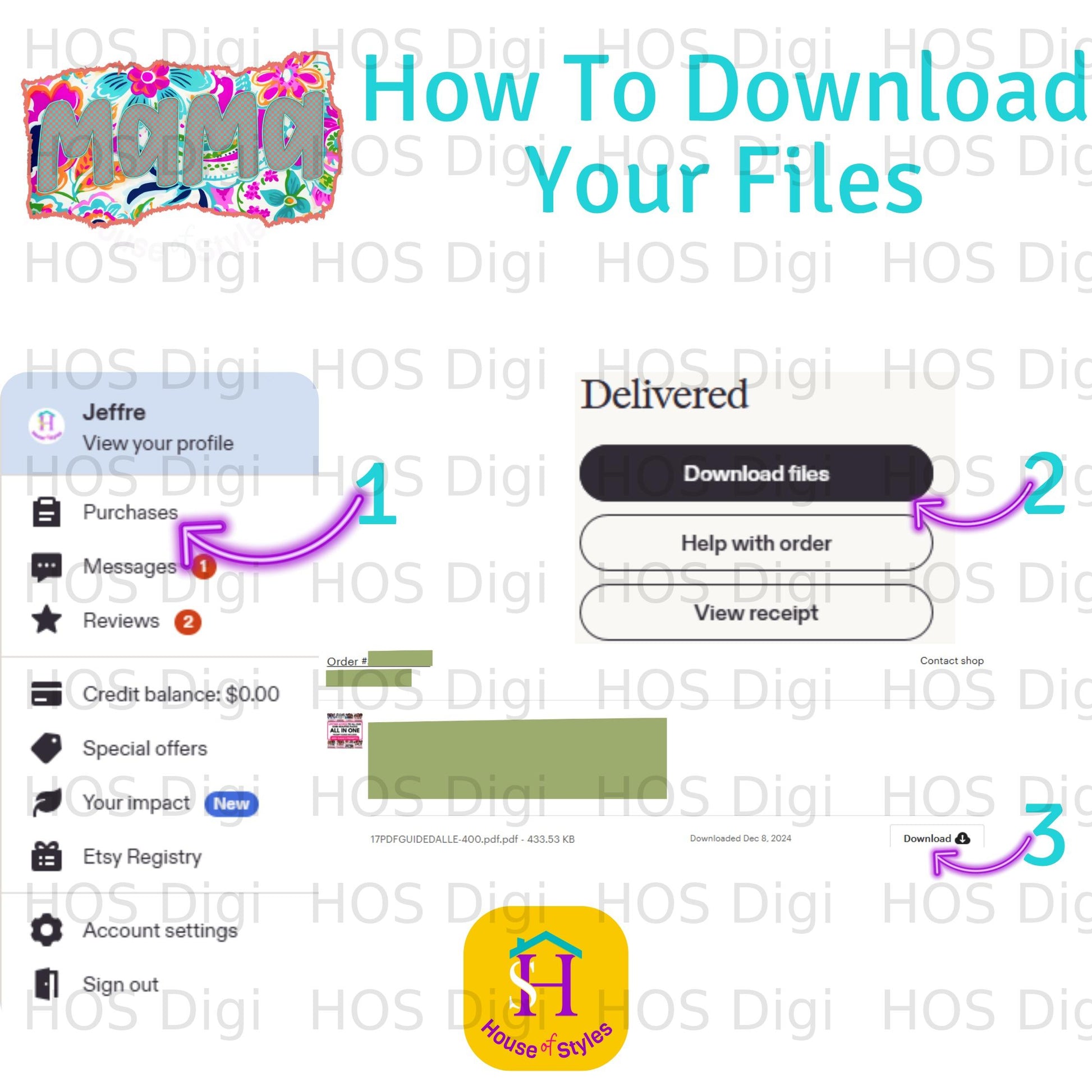 Tutorial showing how to download Etsy files with numbered steps and order details.
