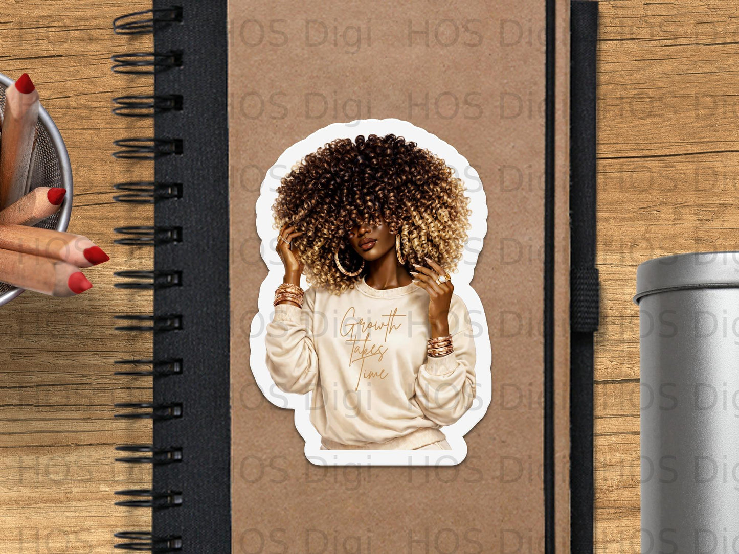 Cream sweatshirt with "Growth takes time" text on a woman with curly hair.