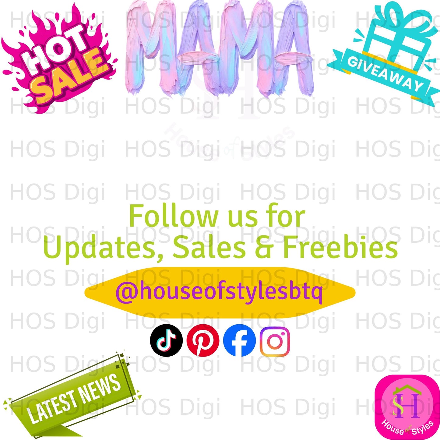 Mama, Hot Sale, Giveaway, and Latest News with social media icons and handle.