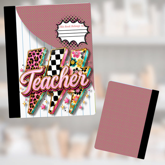 Notebook with pink and green checkerboard, lightning bolts, and "Teacher" text.