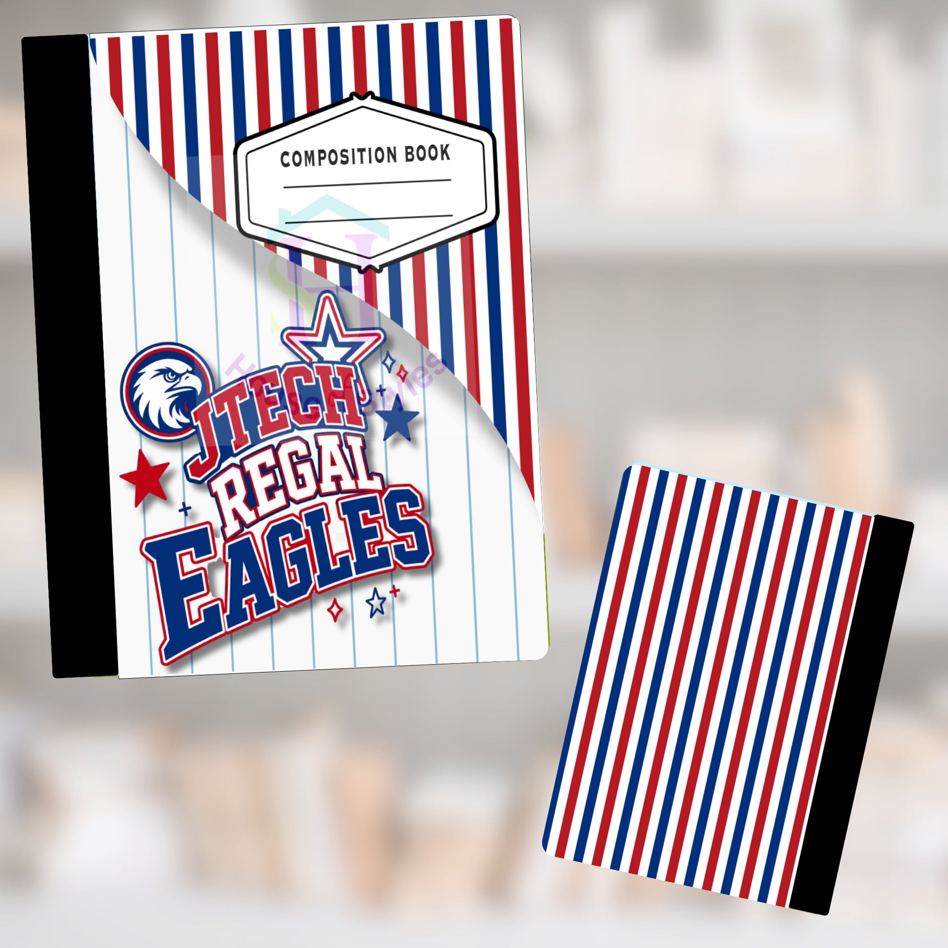 Composition book with red, white, and blue stripes and "JTECH REGAL EAGLES" logo.