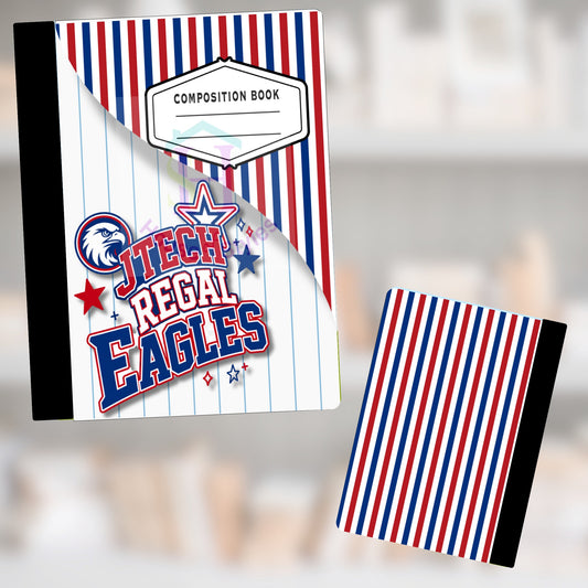 Composition book with red, white, and blue stripes and "JTECH REGAL EAGLES" logo.