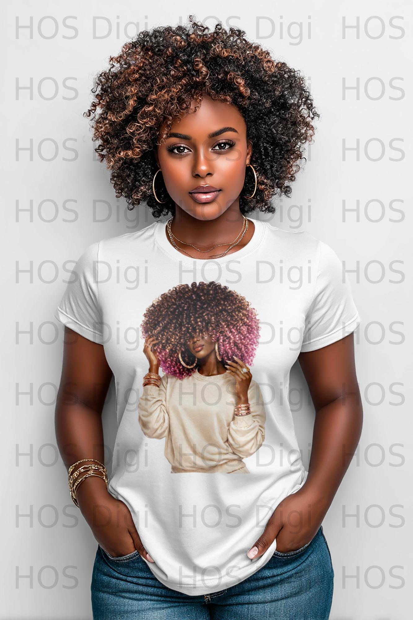 Woman with curly hair wearing a white t-shirt and jewelry.