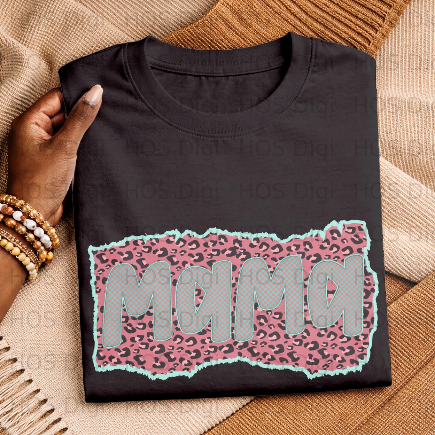 Black t-shirt with "Mama" text on a torn pink leopard print background.