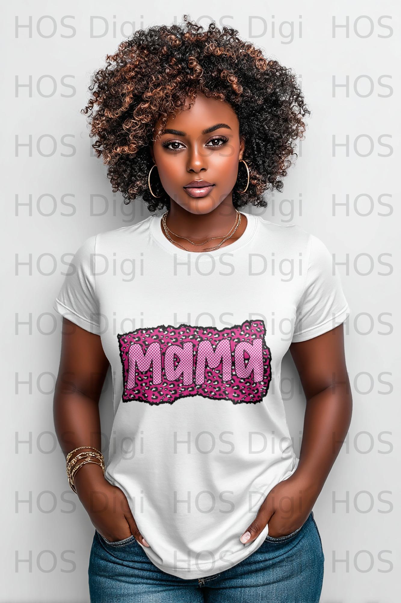 Woman in white t-shirt with "MAMA" leopard print graphic.