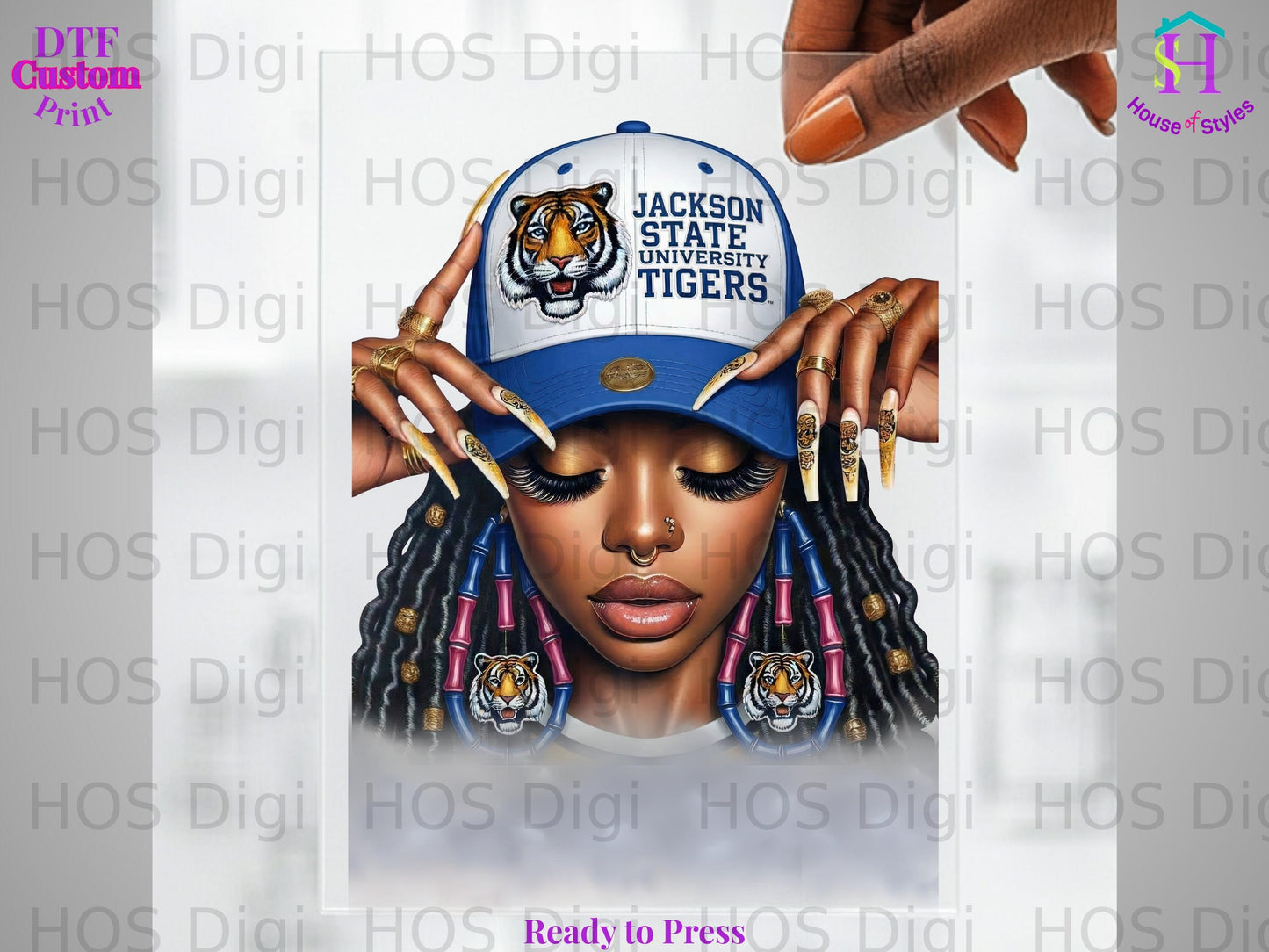 Jackson State Tigers baseball cap on a woman with elaborate nails and jewelry.
