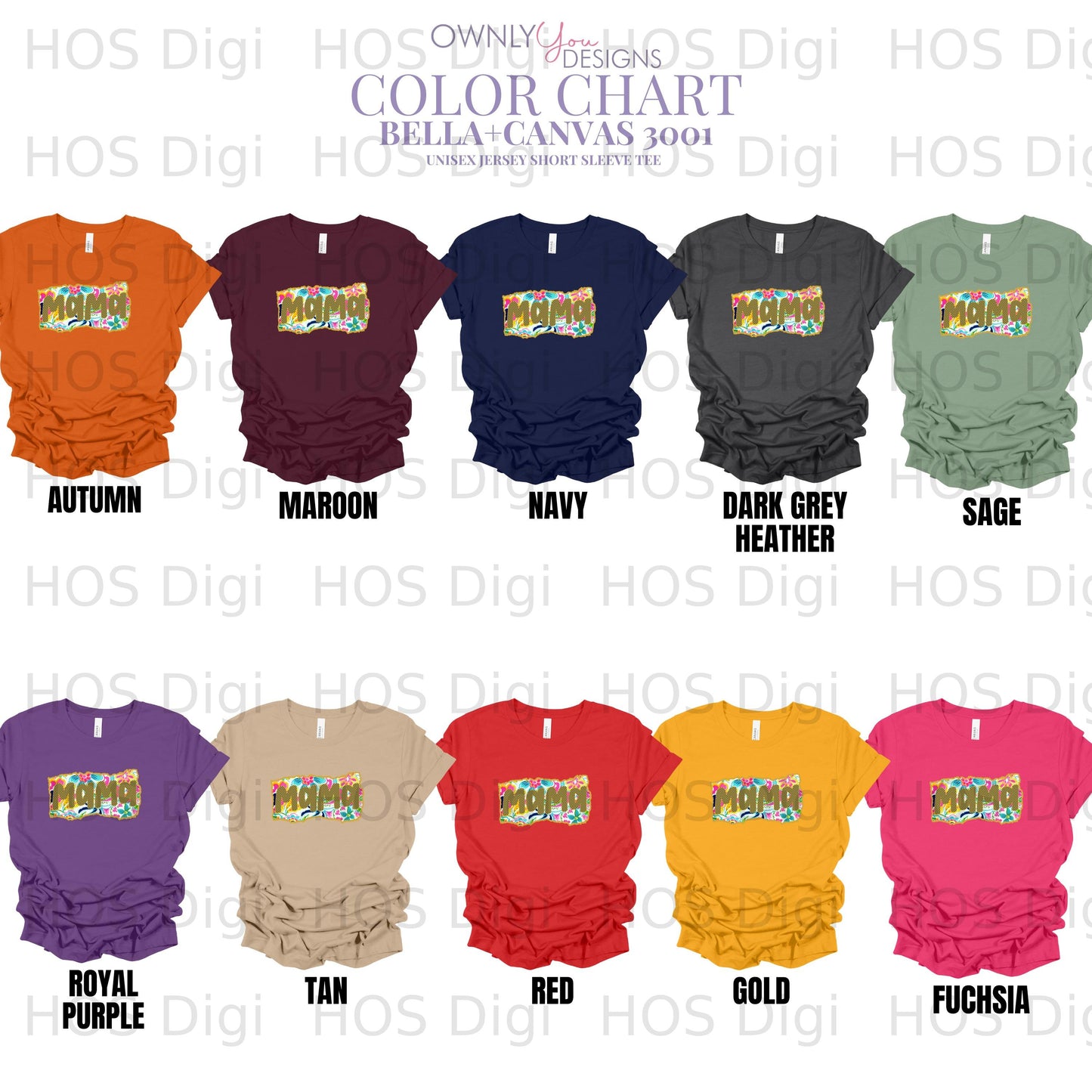 Color chart showing Bella+Canvas 3001 t-shirt colors: Autumn, Maroon, Navy, Dark Grey, Sage, Royal Purple, Tan, Red, Gold, Fuchsia.