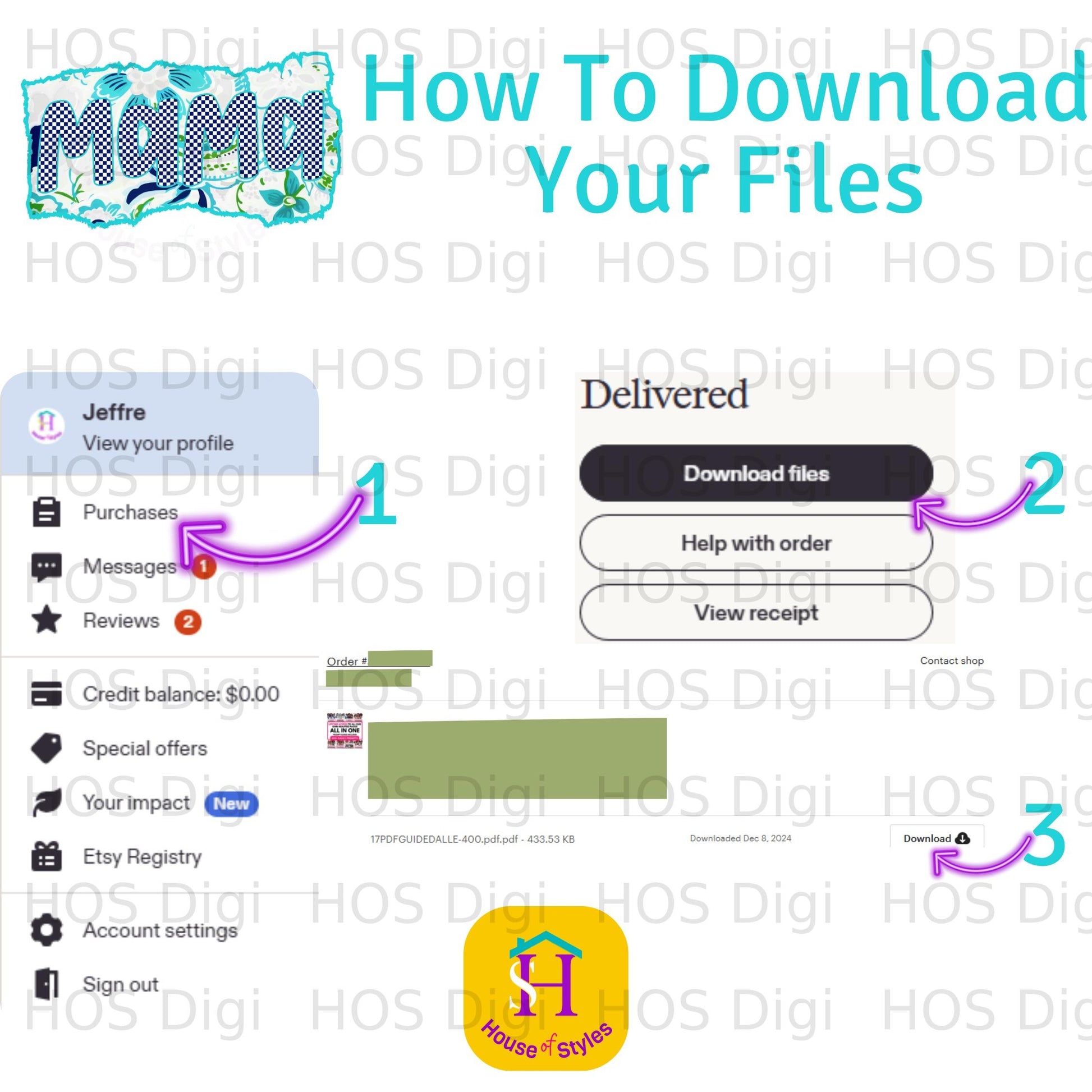 Etsy download page showing file name, download date, and navigation links.