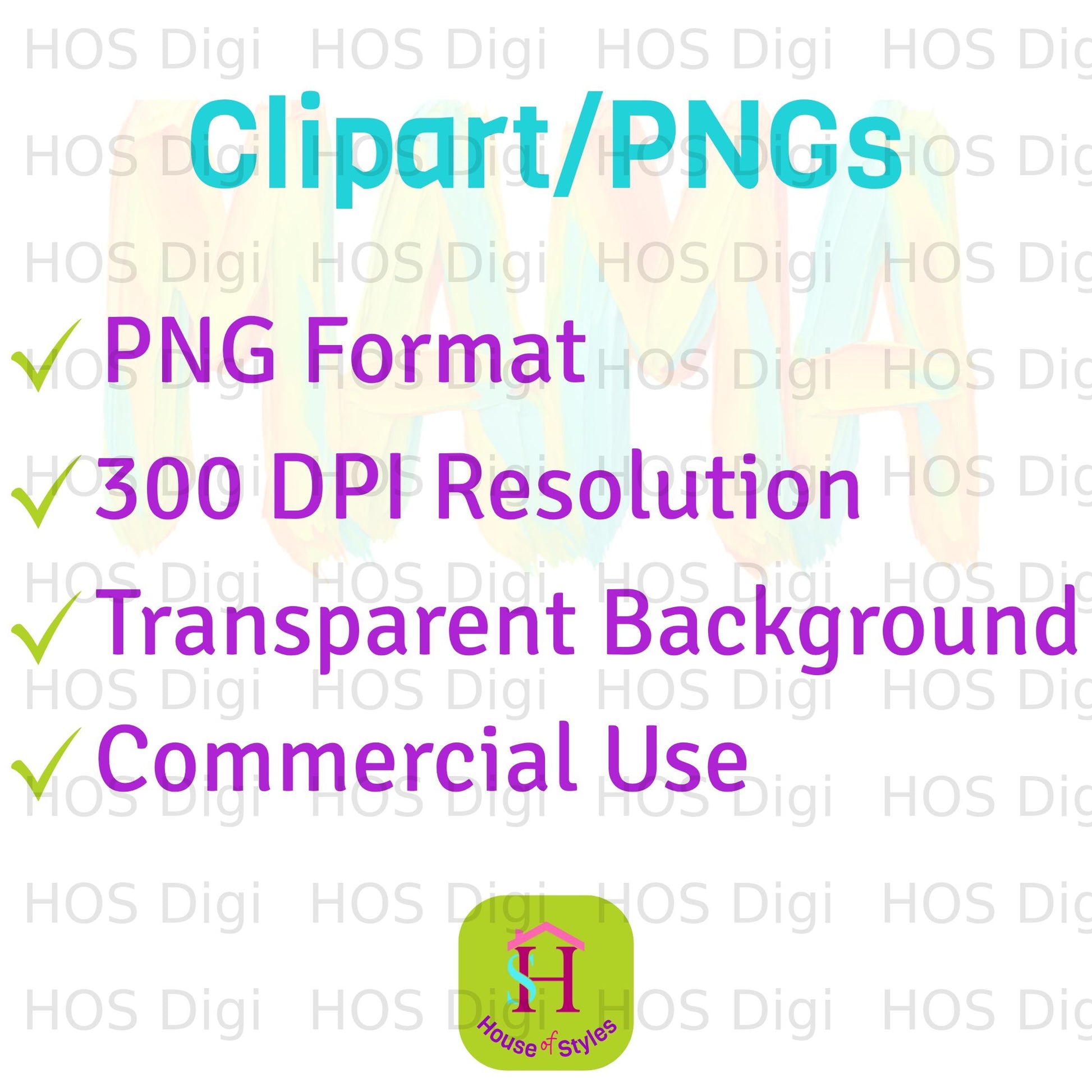Clipart PNGs with checkmarks for format, resolution, background, and usage.