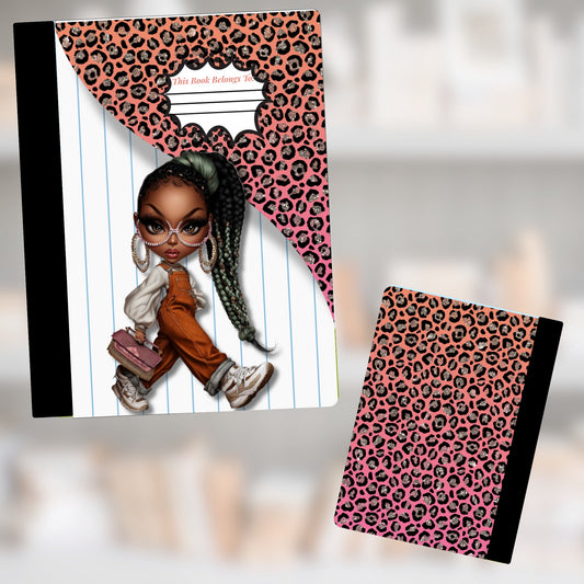 Notebook with leopard print and cartoon girl; "This book belongs to" on lined paper.