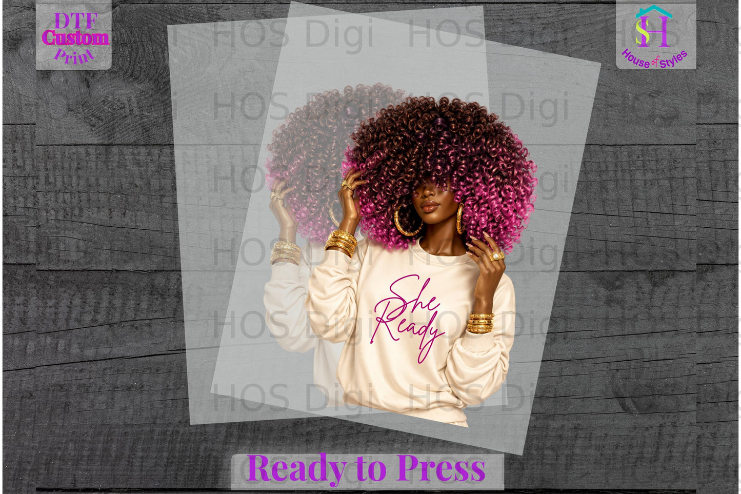 Woman in cream sweatshirt with "She Ready" text and pink-tipped afro.