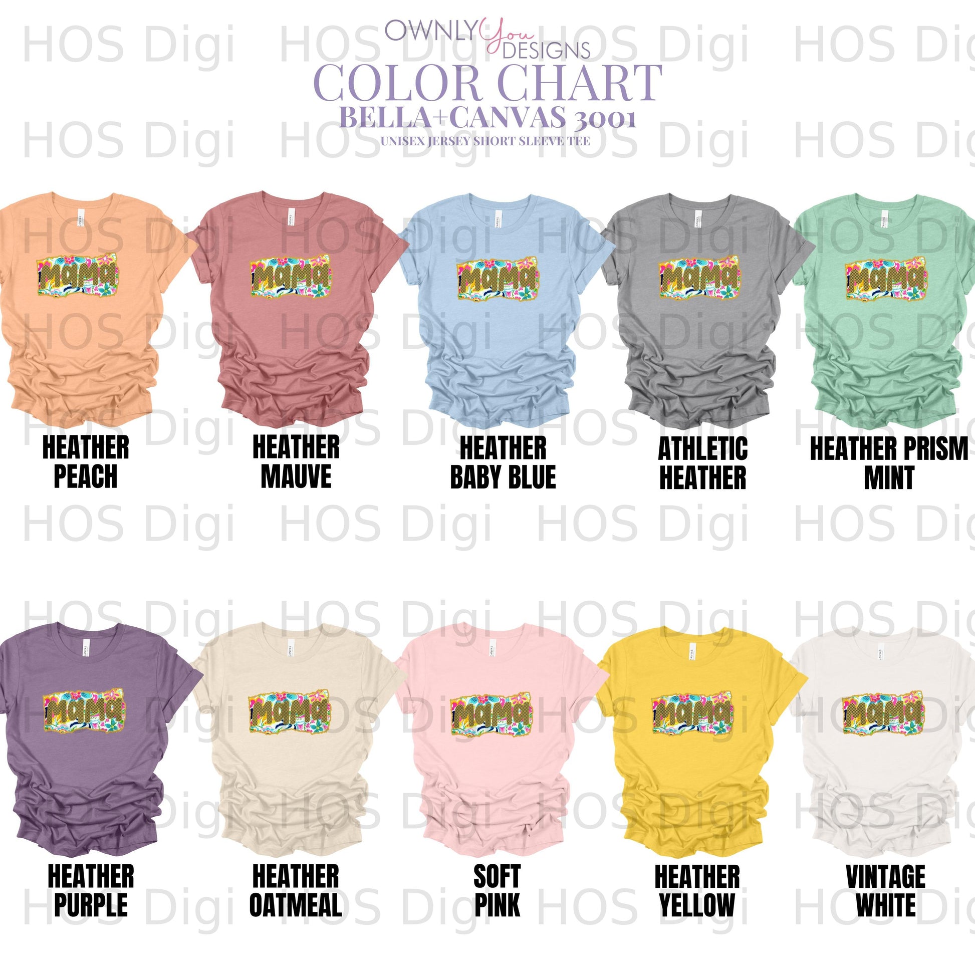 Color chart for Bella+Canvas 3001 heather t-shirts, showing multiple shades.