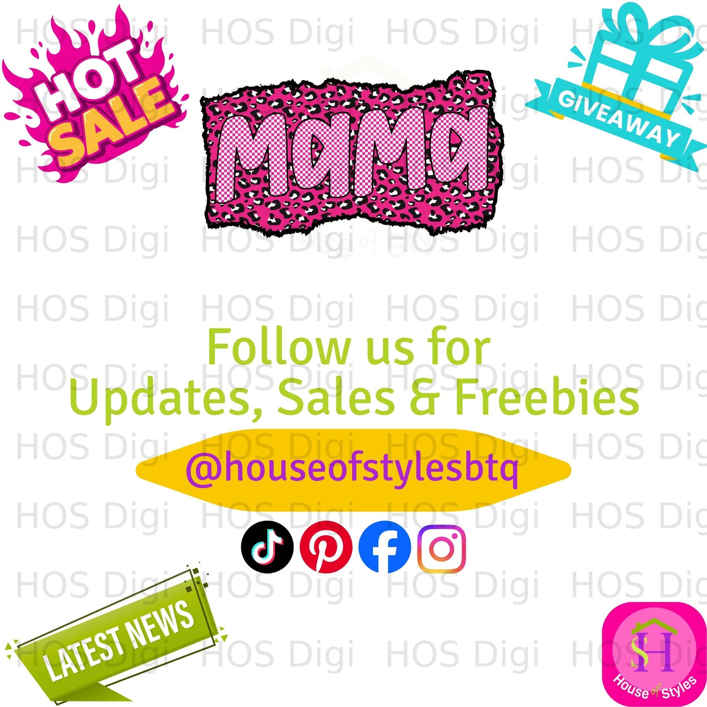 Mama text with social media icons and "Follow us" messaging.