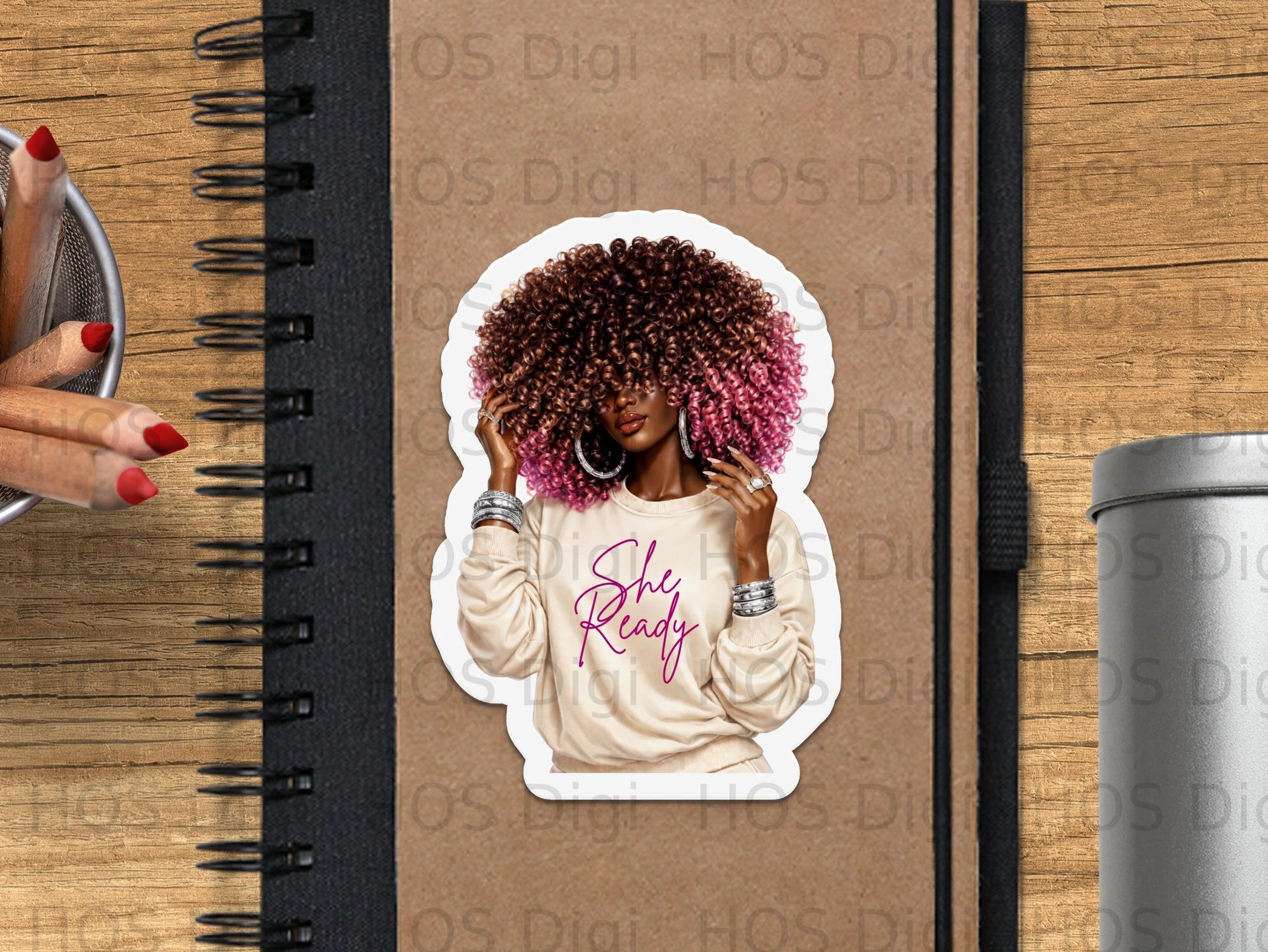 Woman with pink-tipped afro wearing a sweatshirt that says "Ready".