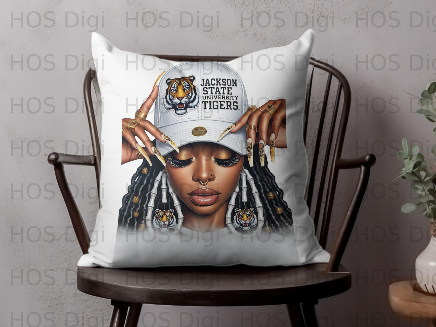 Woman wearing a Jackson State University Tigers hat, close-up.