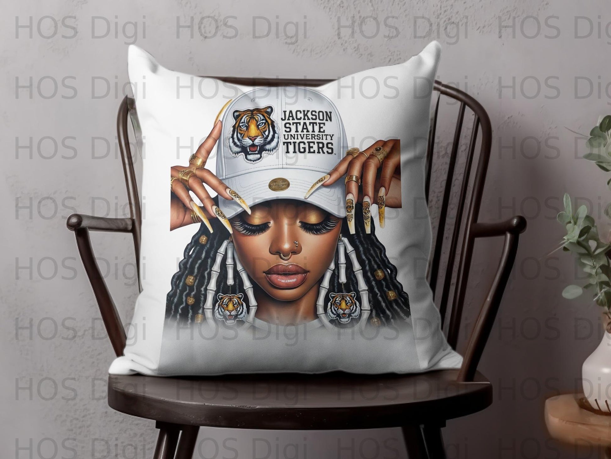 Woman wearing a Jackson State University Tigers hat, close-up.