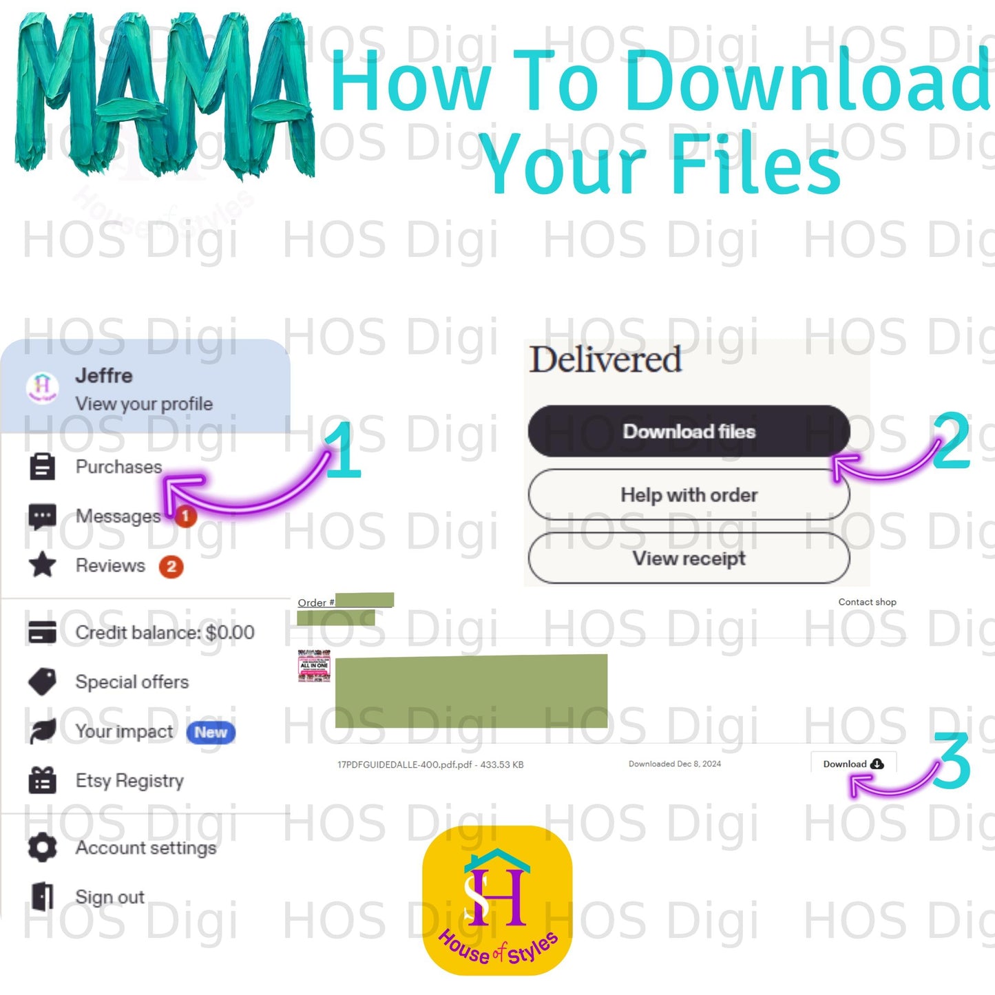 Screenshot of Etsy download page with instructions on how to download files.