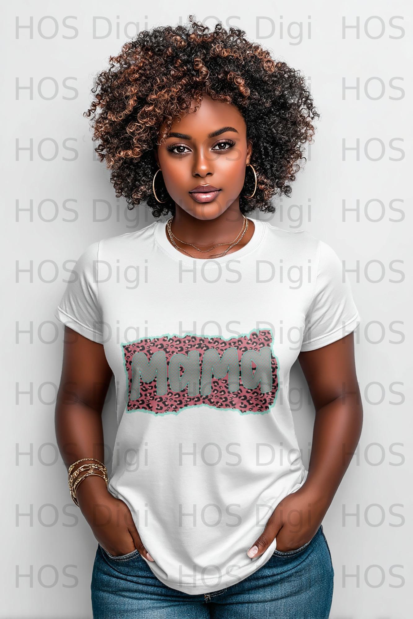 Woman in white t-shirt with "MAMA" in leopard print and blue outline.