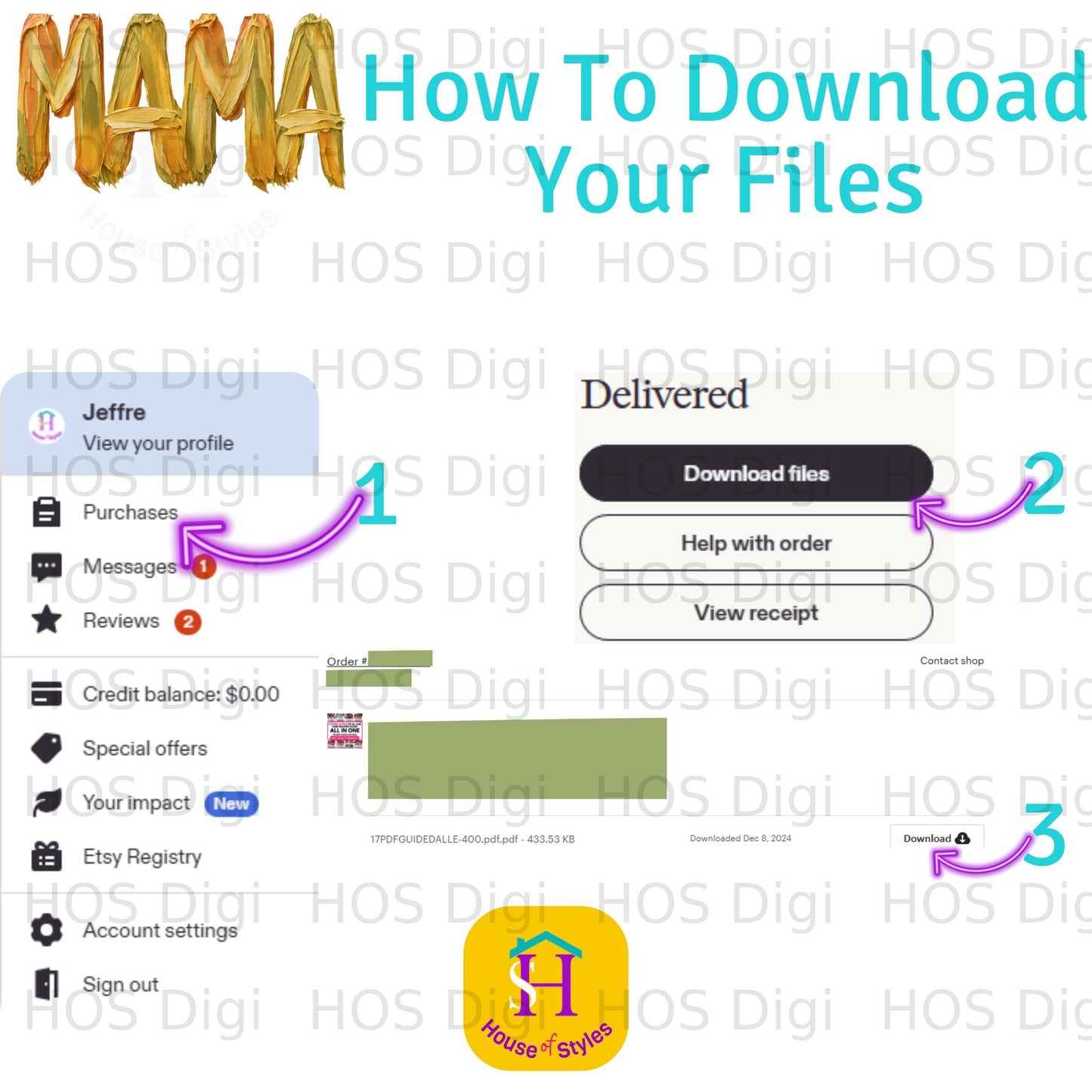 Screenshot showing Etsy order download page with "How To Download Your Files" title.