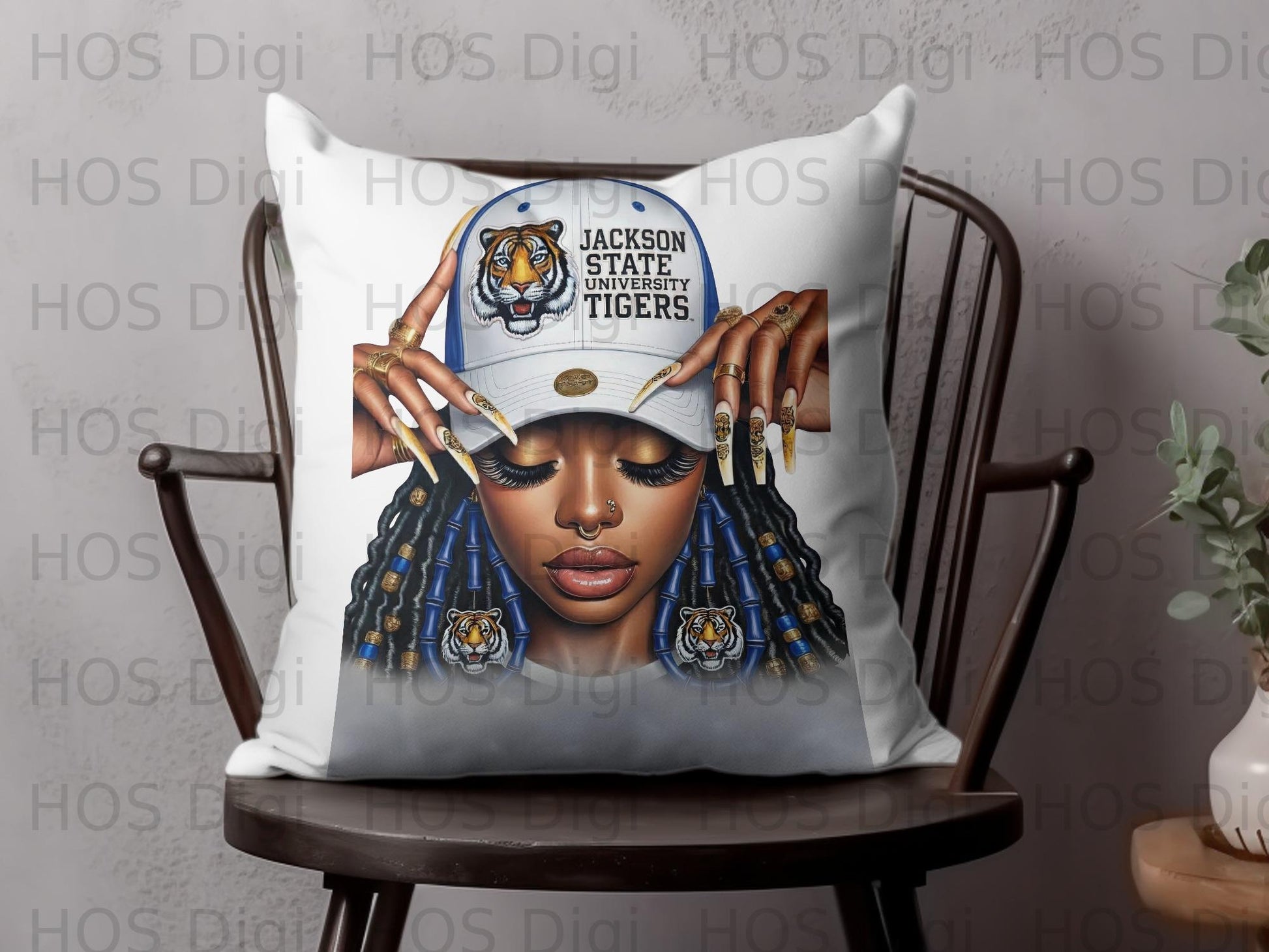 Woman wearing Jackson State University Tigers hat and jewelry.
