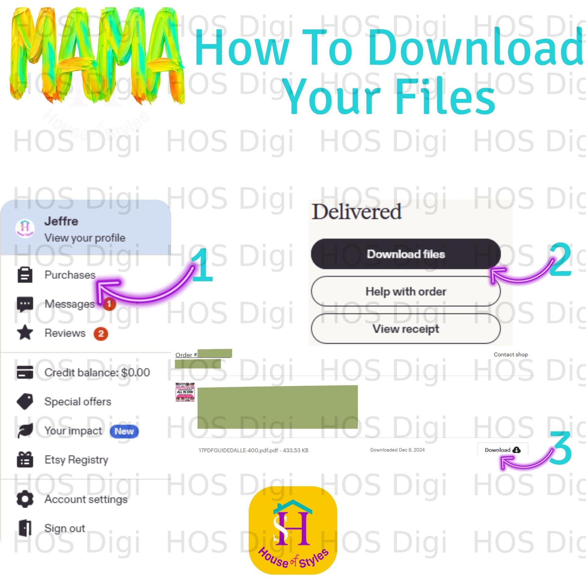 Etsy order details showing "Mama" graphic, download files, and purchase history.