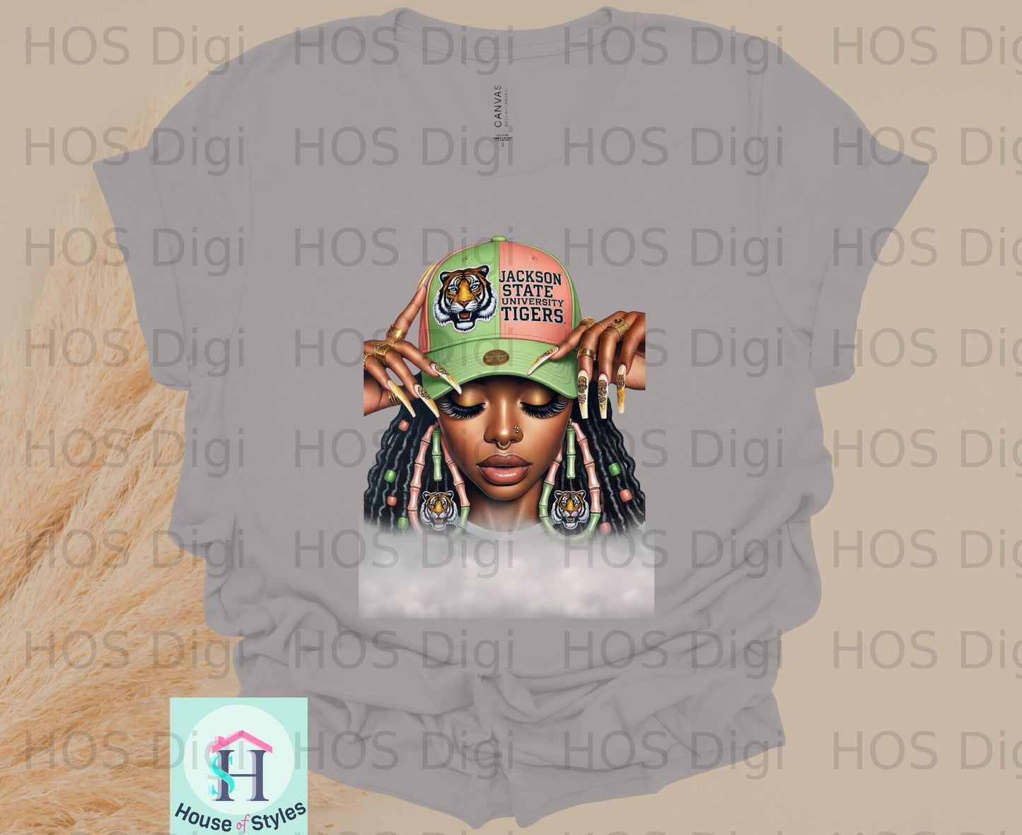 Jackson State Tigers logo with a woman wearing a green hat and hoop earrings.