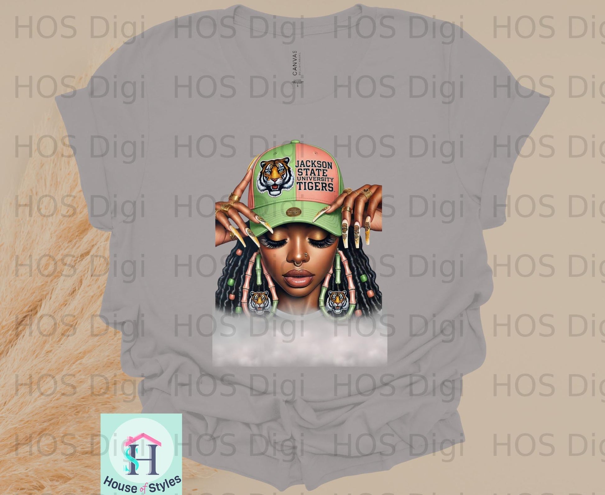 Jackson State Tigers logo with a woman wearing a green hat and hoop earrings.