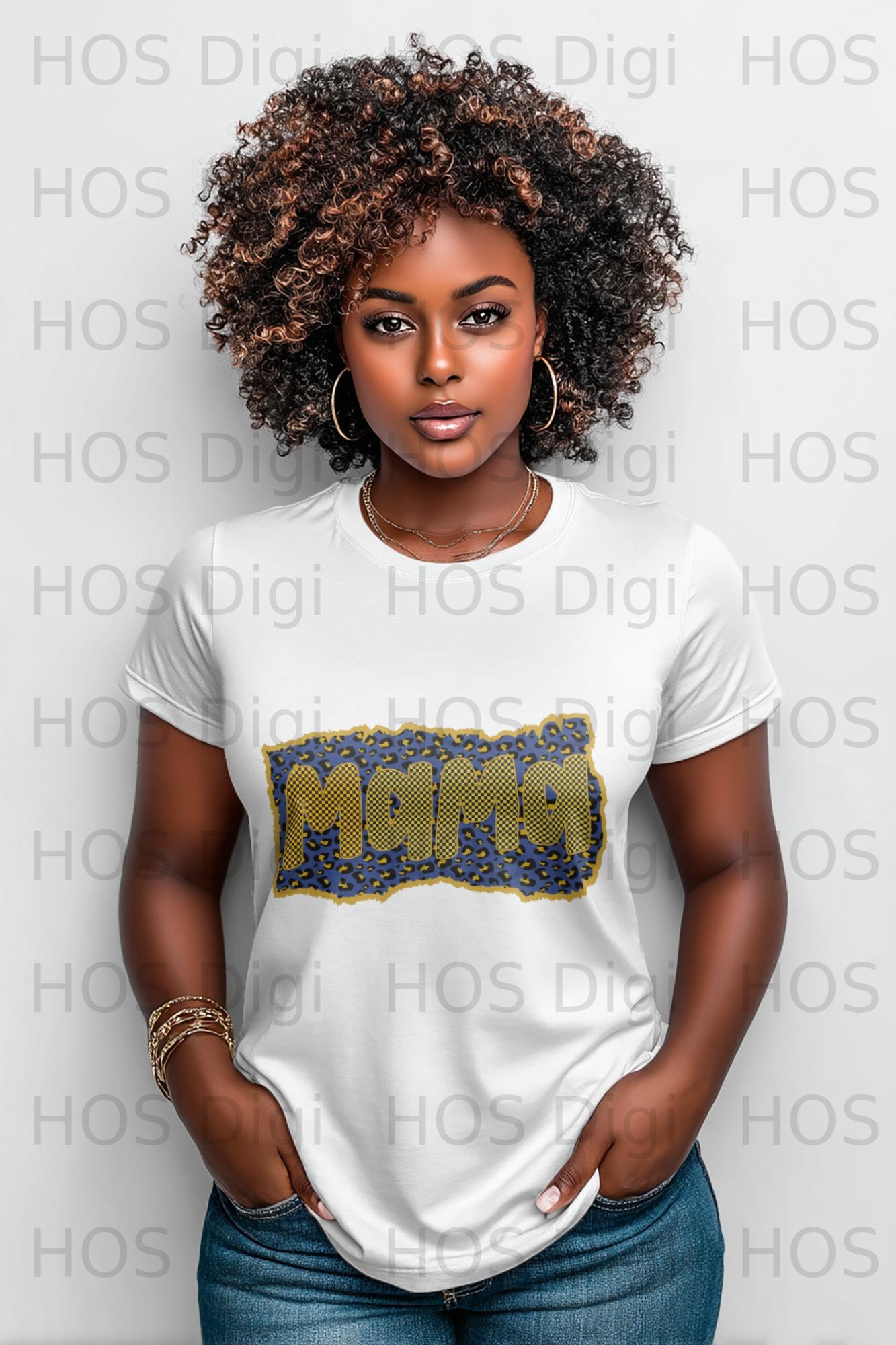 Woman wearing white t-shirt with "MAMA" graphic in leopard print.