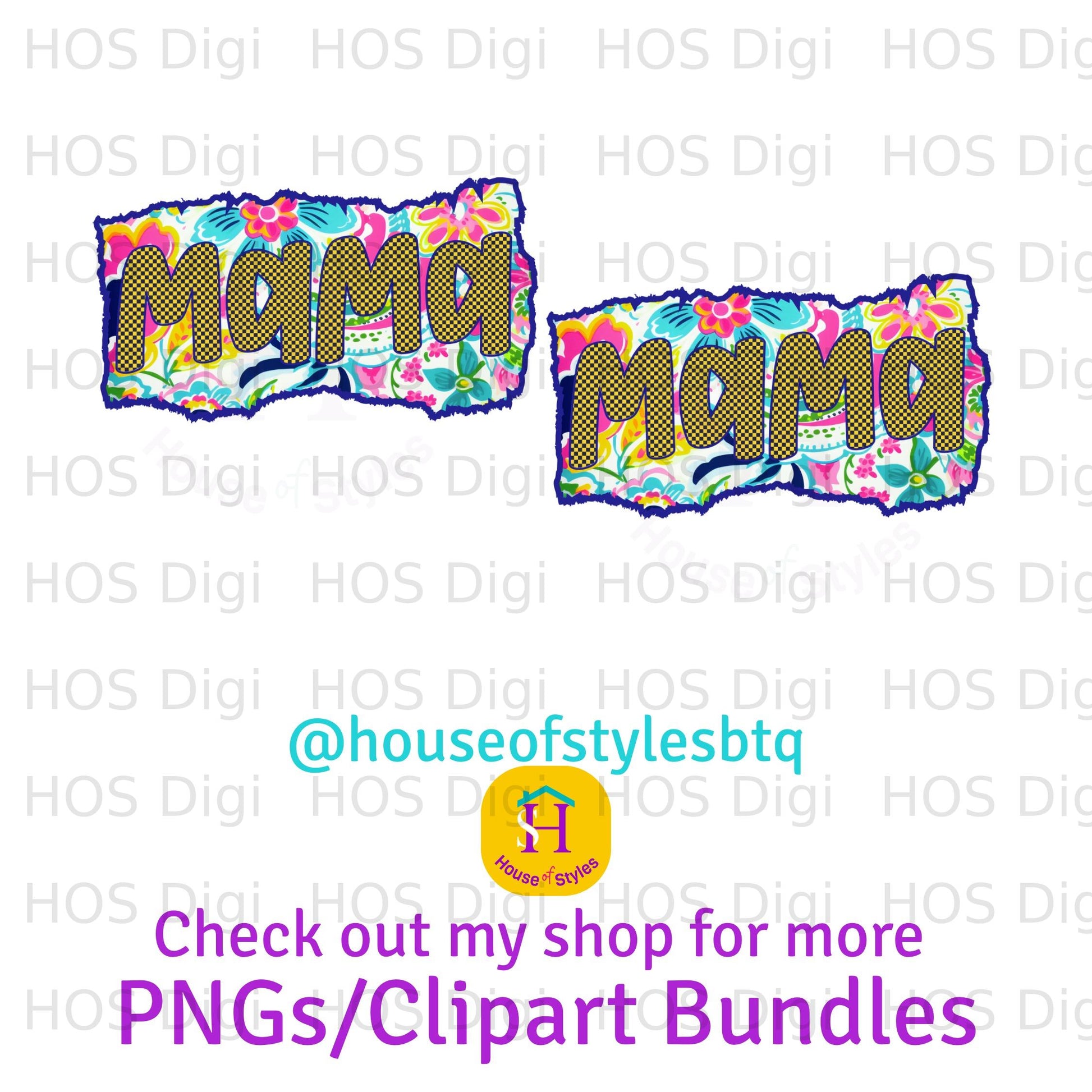 Mama design in two variations with colorful floral pattern and text.
