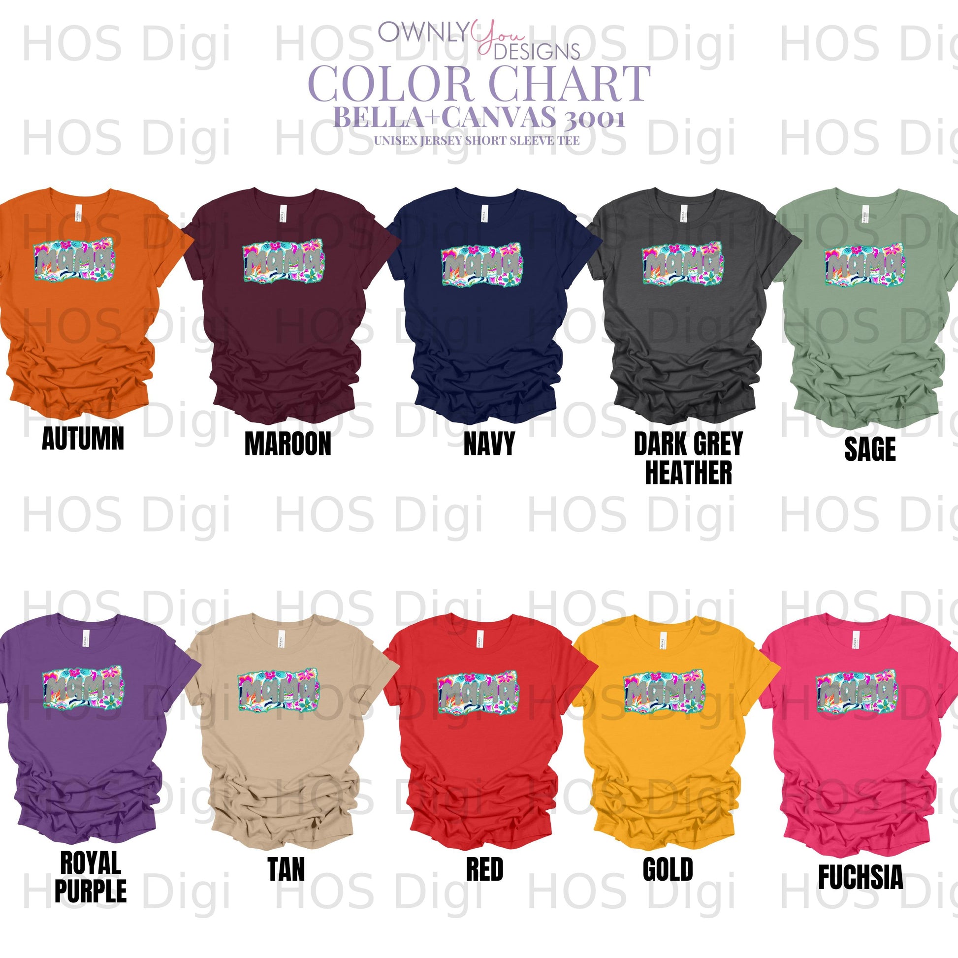 Bella+Canvas t-shirt color chart showing 10 different heathered colors.