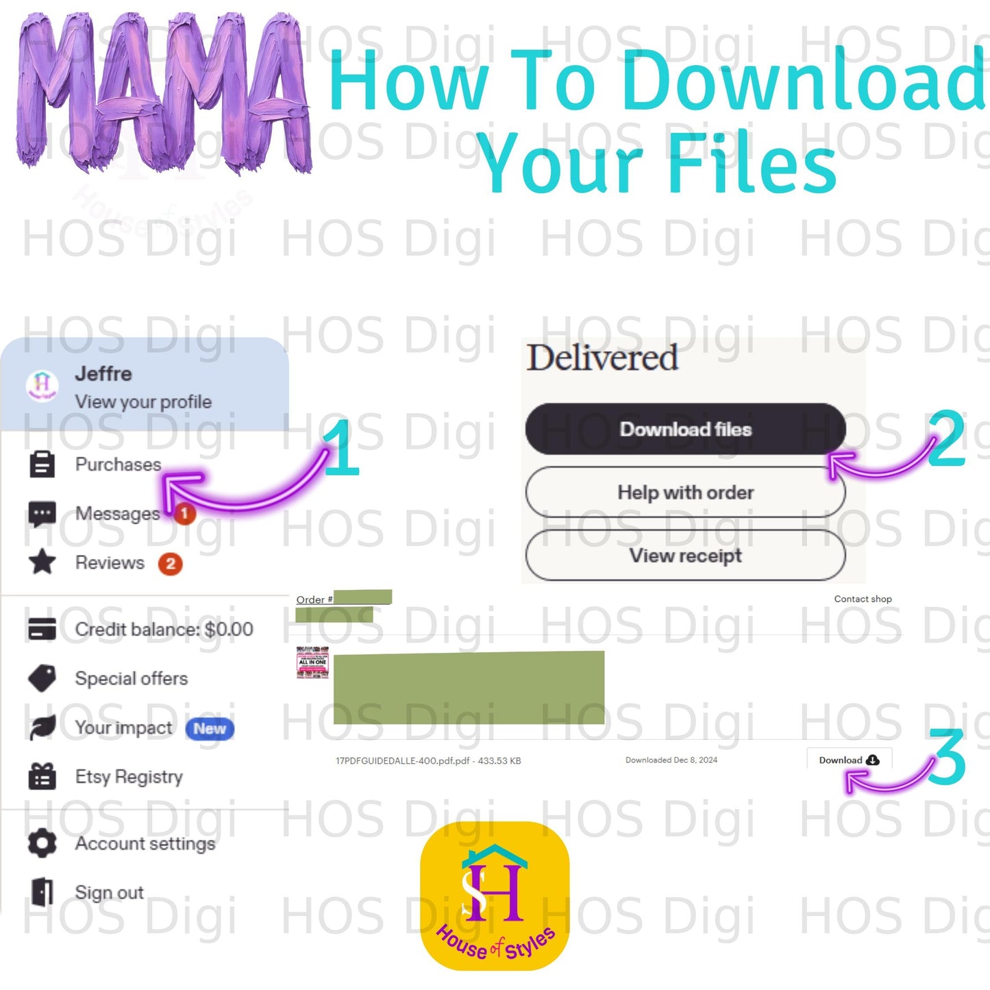 Etsy order confirmation showing download for "MAMA How To Download Your Files".