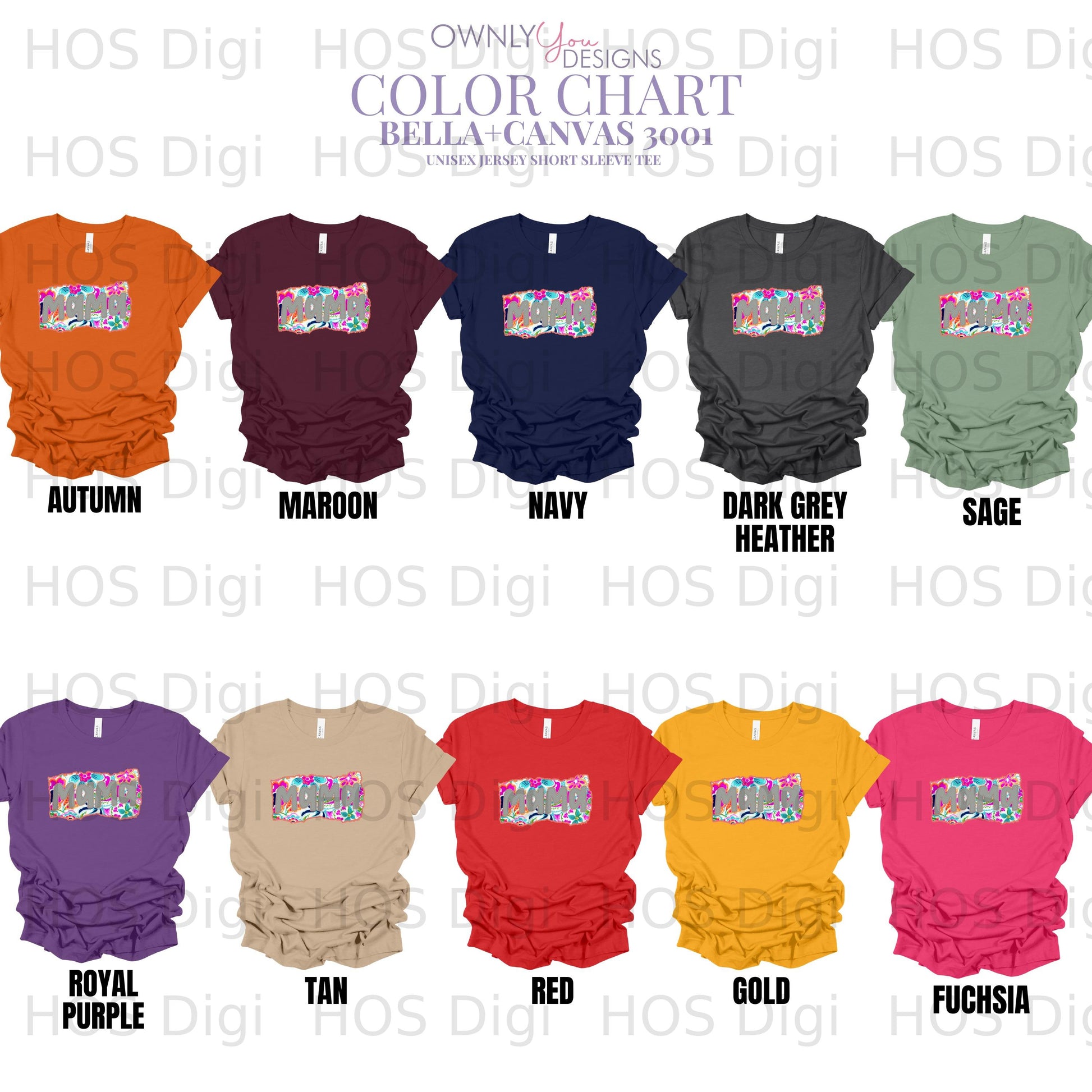 Color chart of BELLA+CANVAS 3001 UNISEX JERSEY SHORT SLEEVE TEE in ten colors.