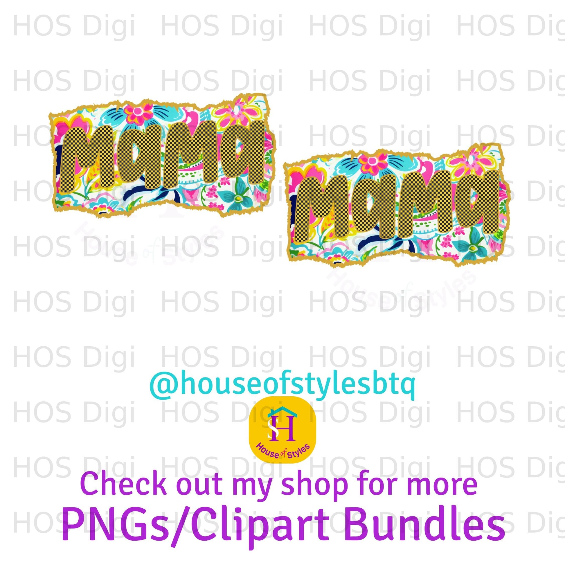 Two floral "Mama" designs with colorful torn paper edges.