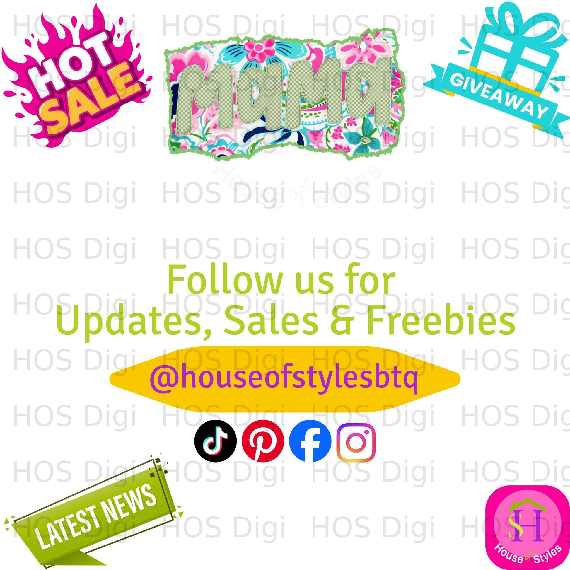 Mama graphic with social media icons and "Follow us" text.