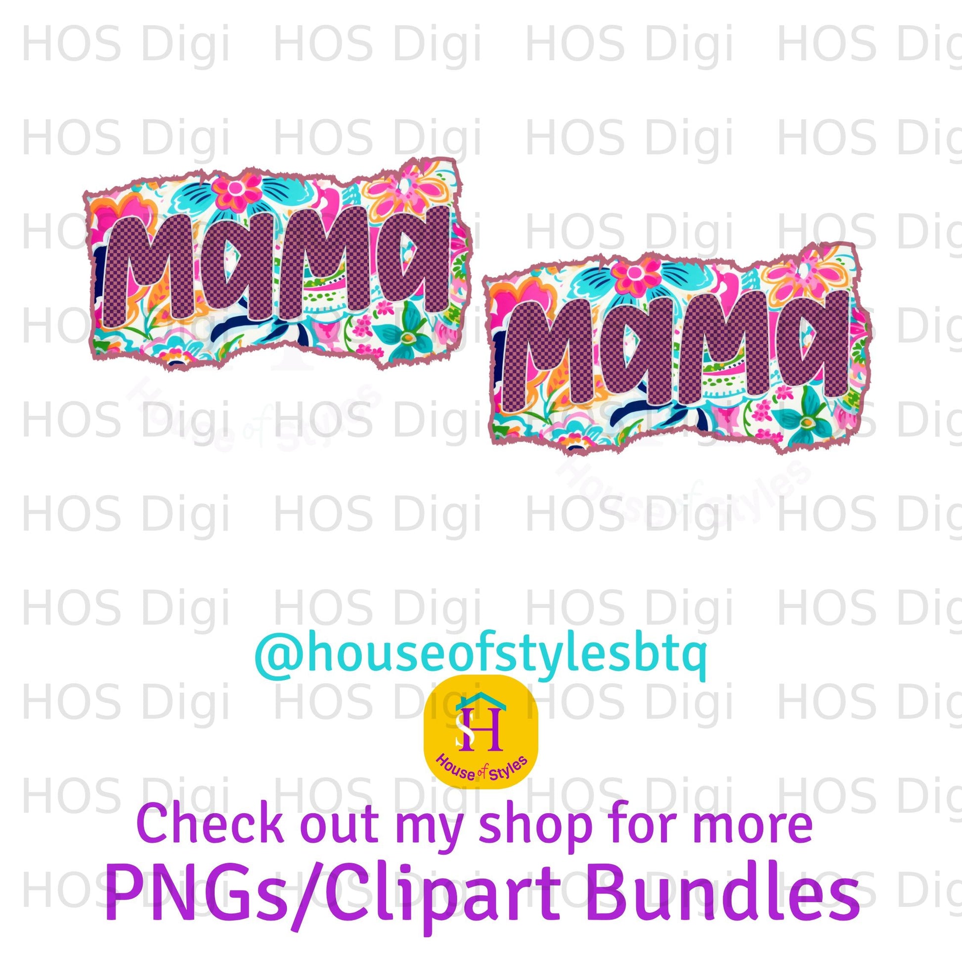 Two "Mama" designs in floral and tie-dye patterns, with text overlay.