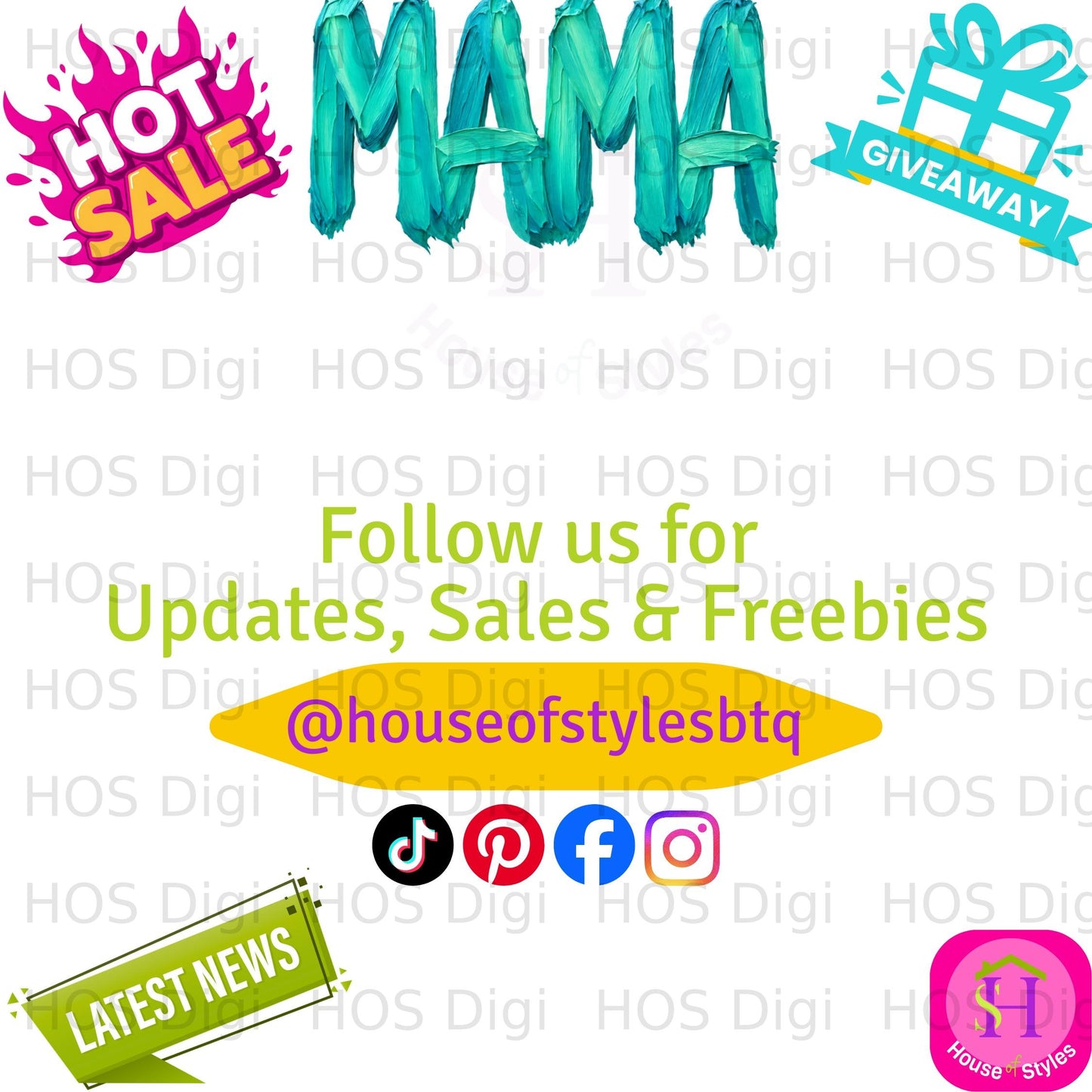 Mama hot sale and giveaway graphic with social media icons and "Follow us" text.