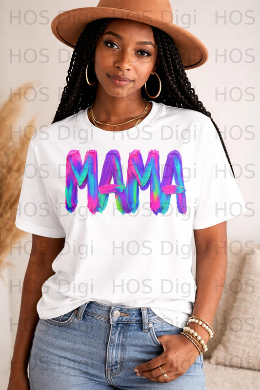 White t-shirt with "MAMA" in colorful brushstroke letters.