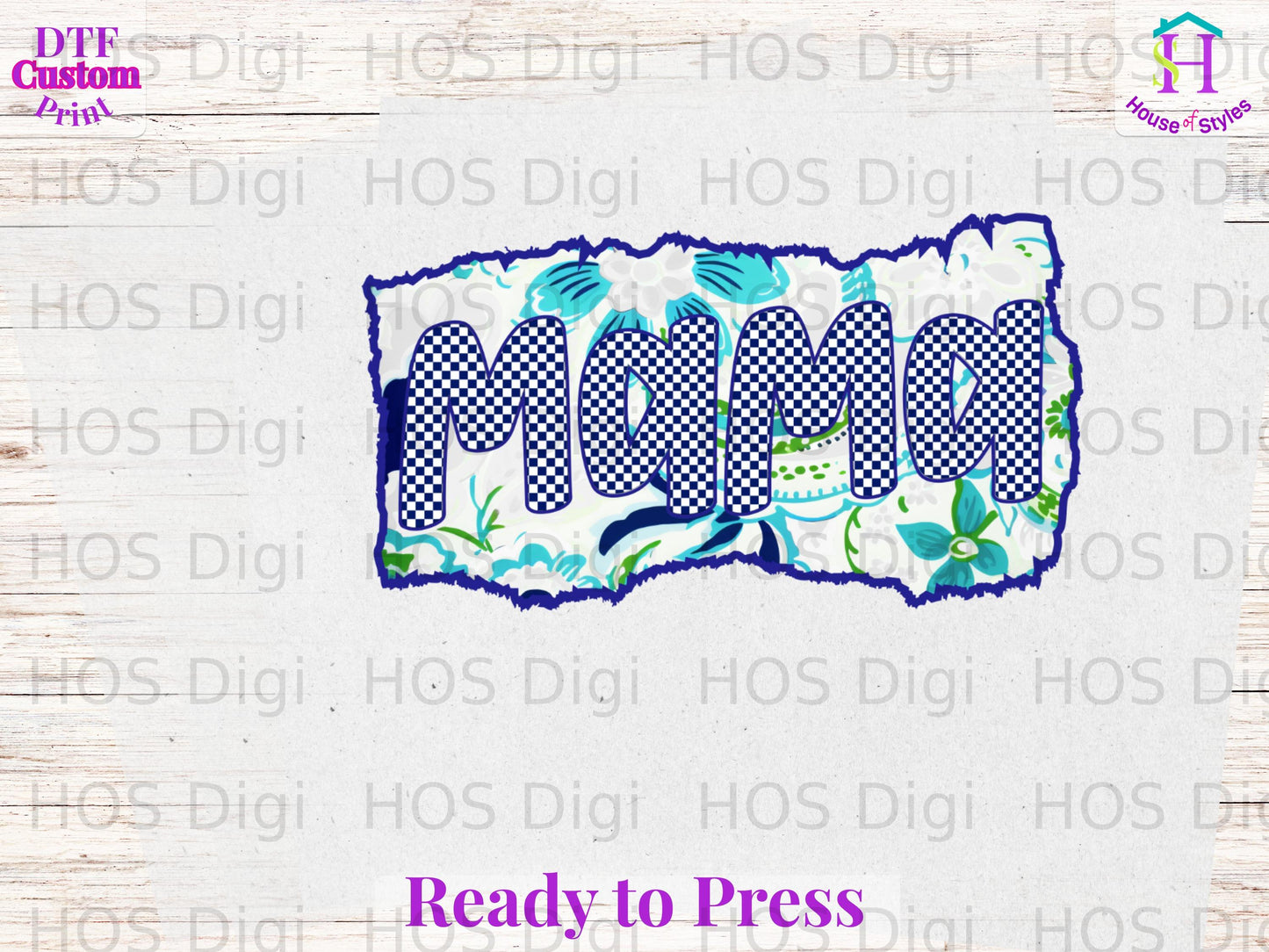 "Mama" lettering with blue gingham and floral pattern, ready to press.