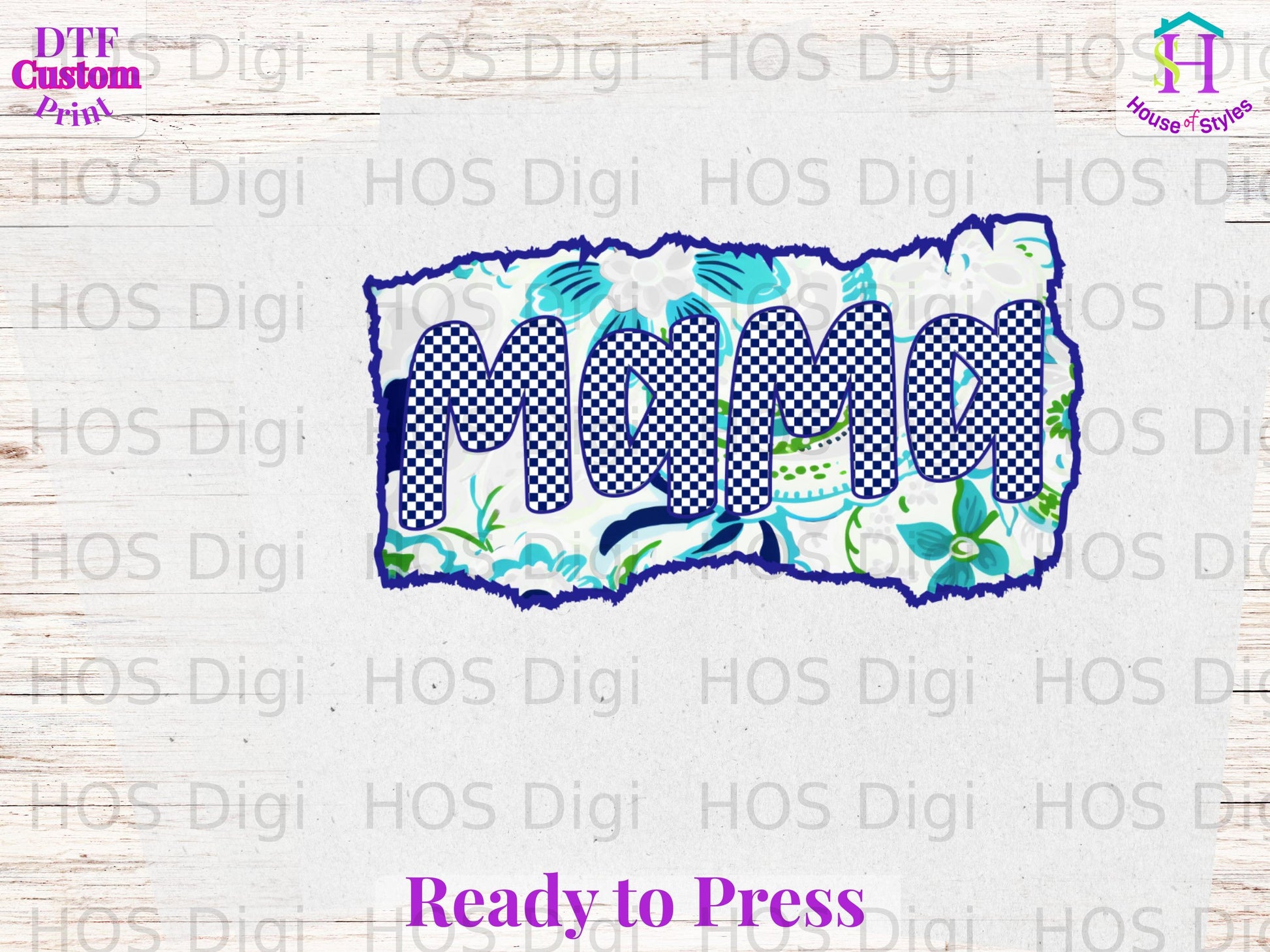 "Mama" lettering with blue gingham and floral pattern, ready to press.
