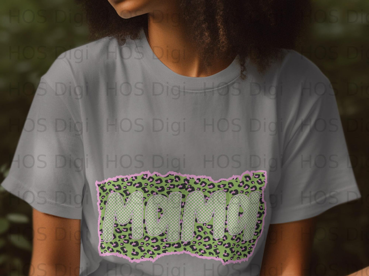"Mama" text with leopard print and green gingham.